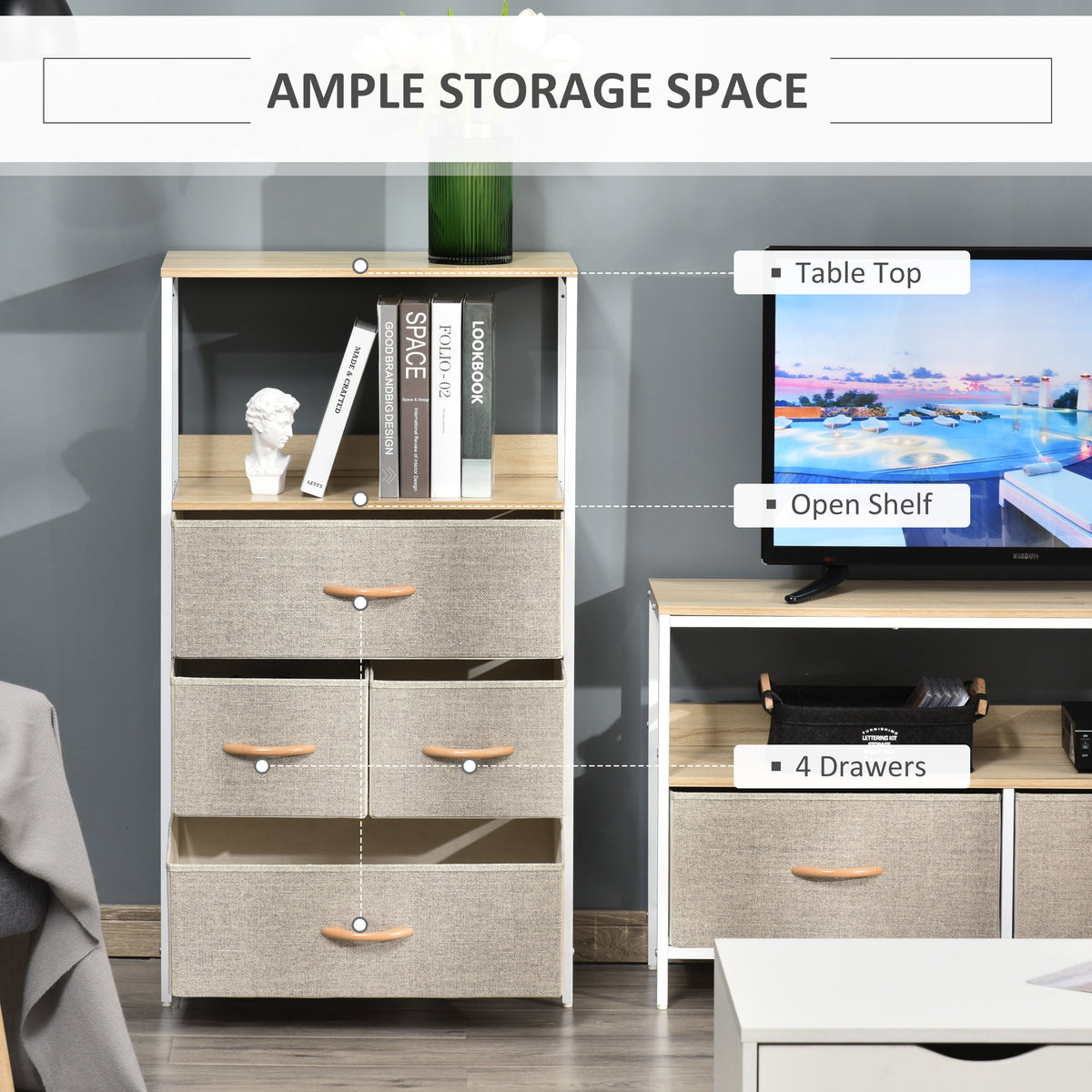 Storage cabinet with open shelf, wood-look top, and four fabric drawers