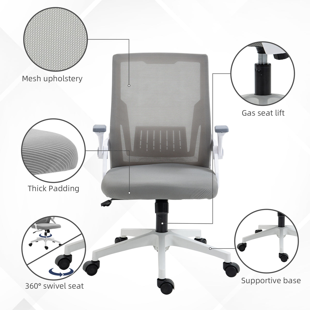 Vinsetto grey mesh office chair with padded seat, gas lift, swivel base, and casters