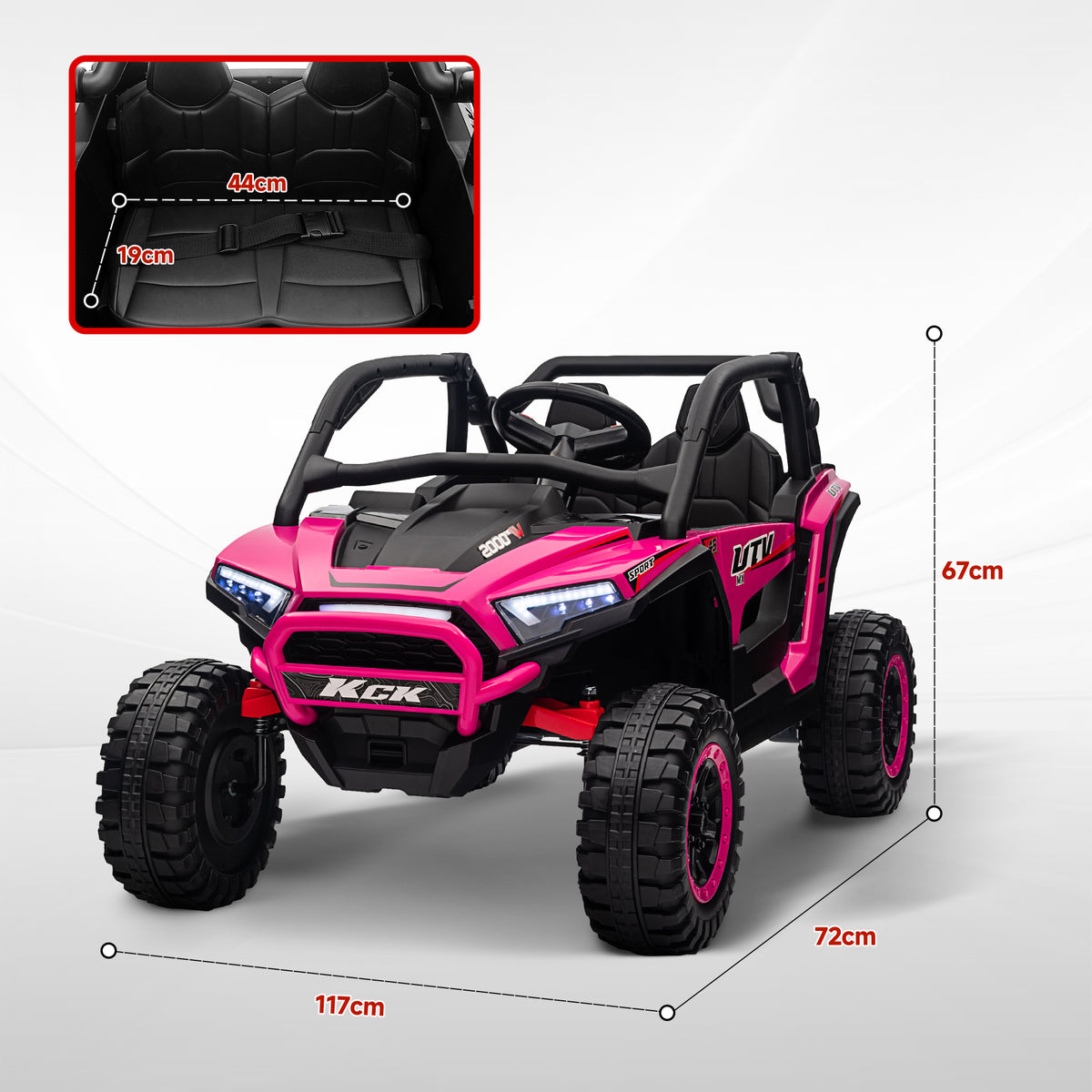 Pink two-seat ride-on truck with black seats, shown from the front with dimensions