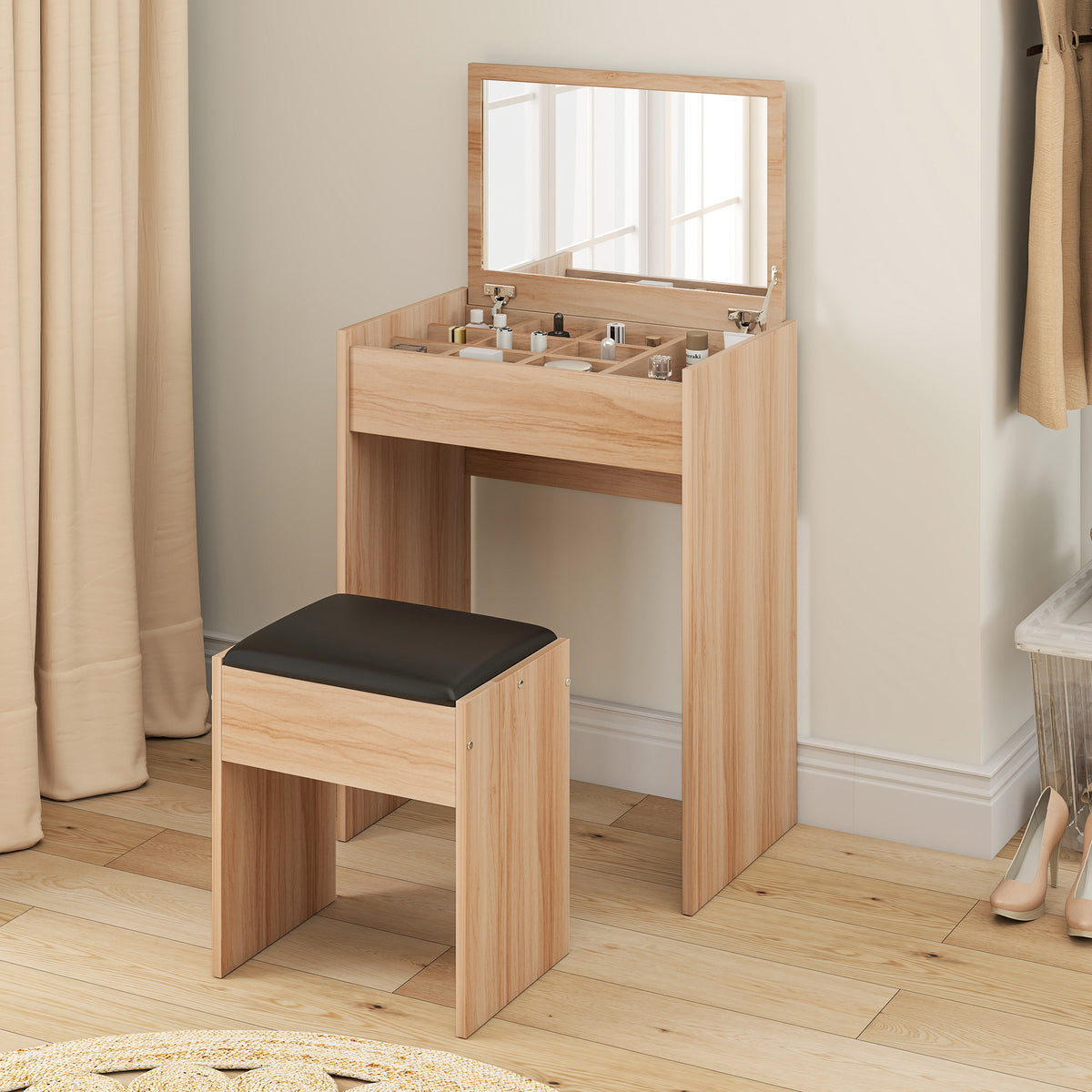 Wood vanity set with open mirror, divided storage compartments, and black padded stool