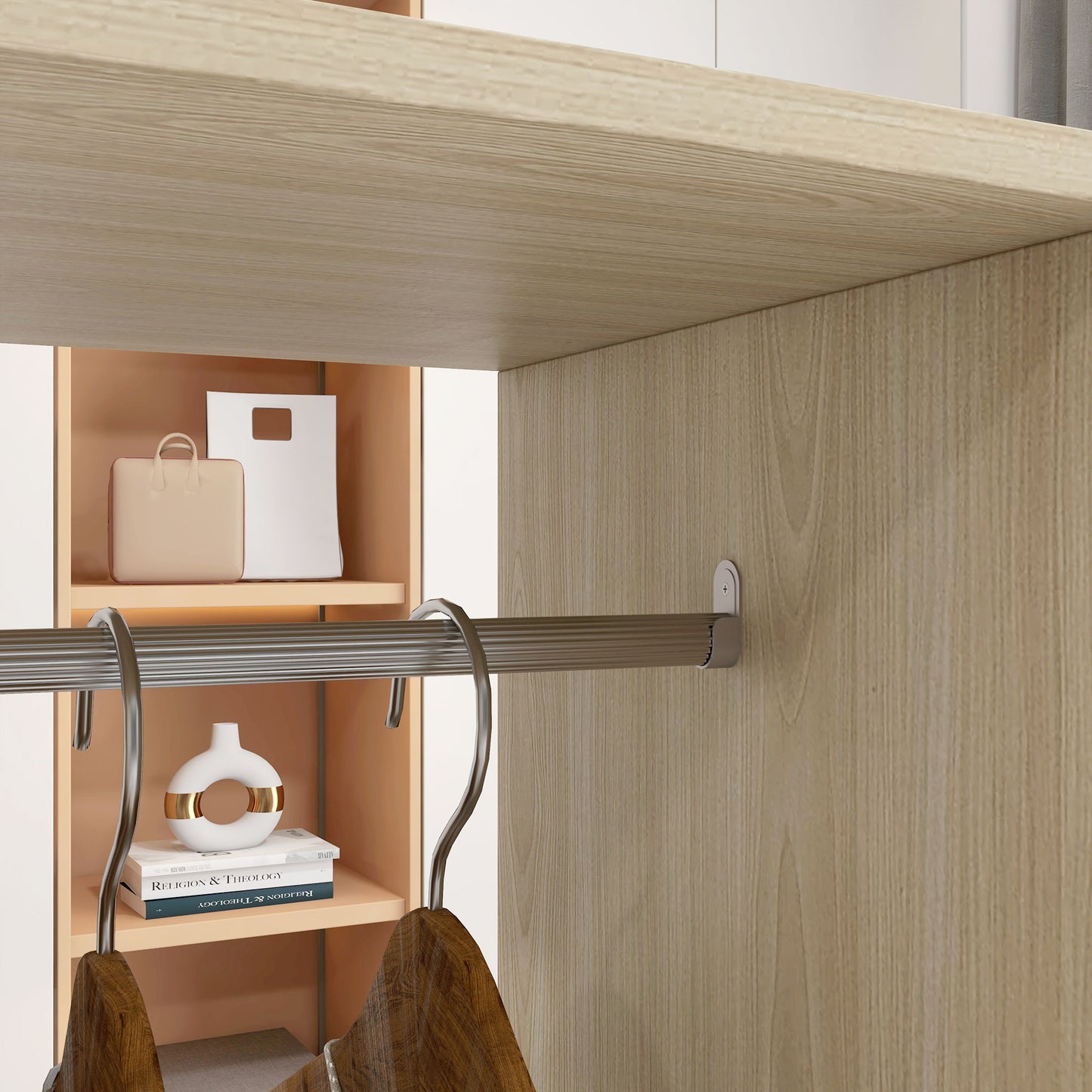 HOMCOM Open Wardrobe Double Mobile Storage Shelves Organizer W/6 Wheels-Natural