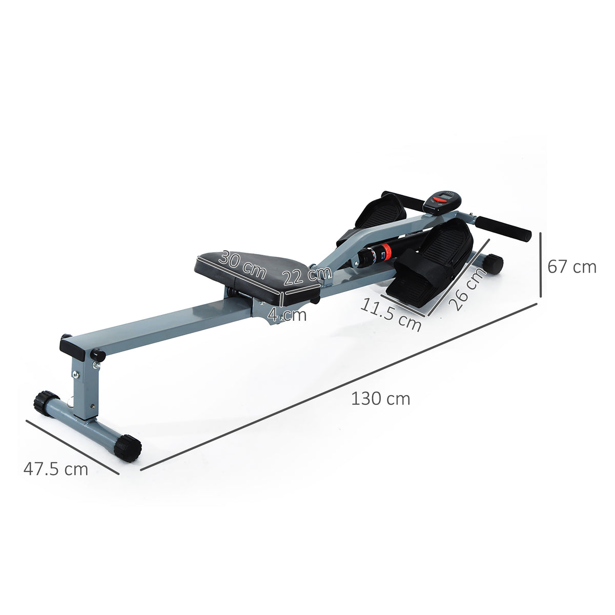 HOMCOM rowing machine shown with its dimensions and foot pedals