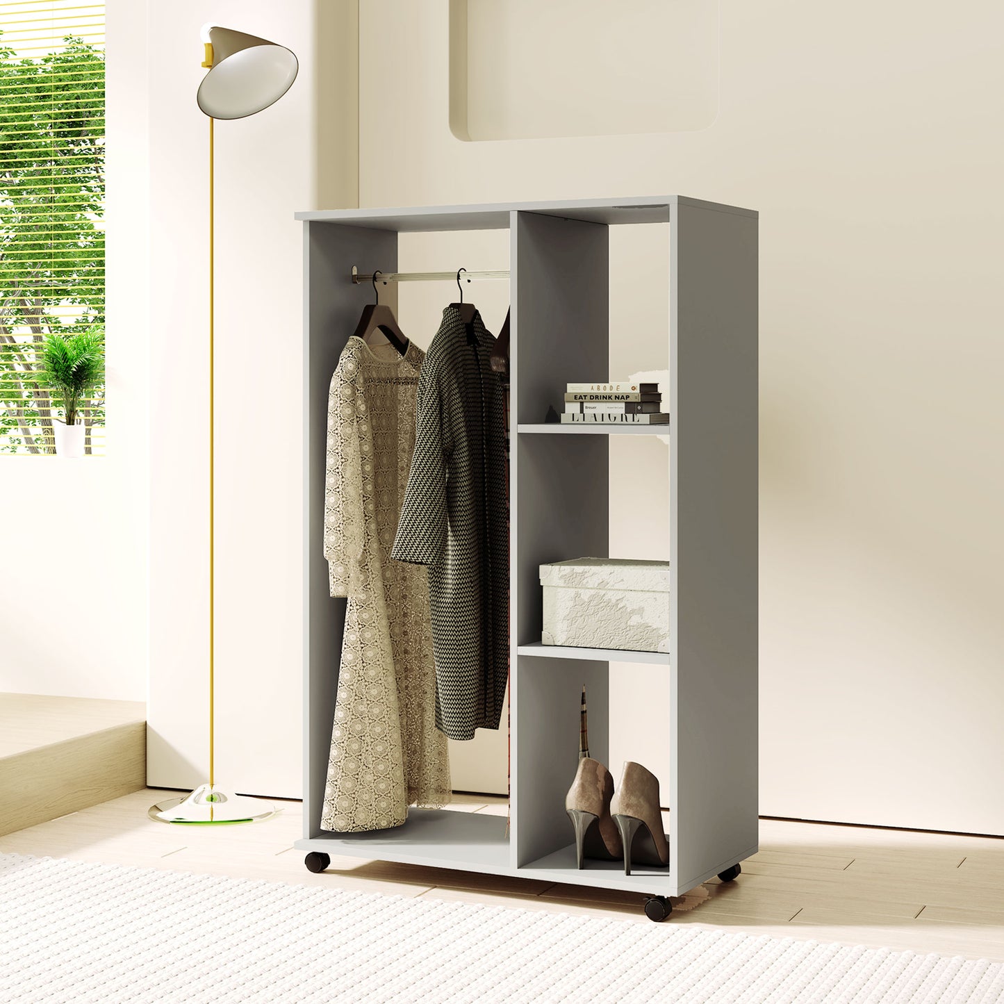 HOMCOM Open Wardrobe on Wheels, Bedroom Wardrobe with Clothes Hanging Rail, 3 Storage Shelves, Mobile Garment Rack for Cloakroom, Hallway, Grey