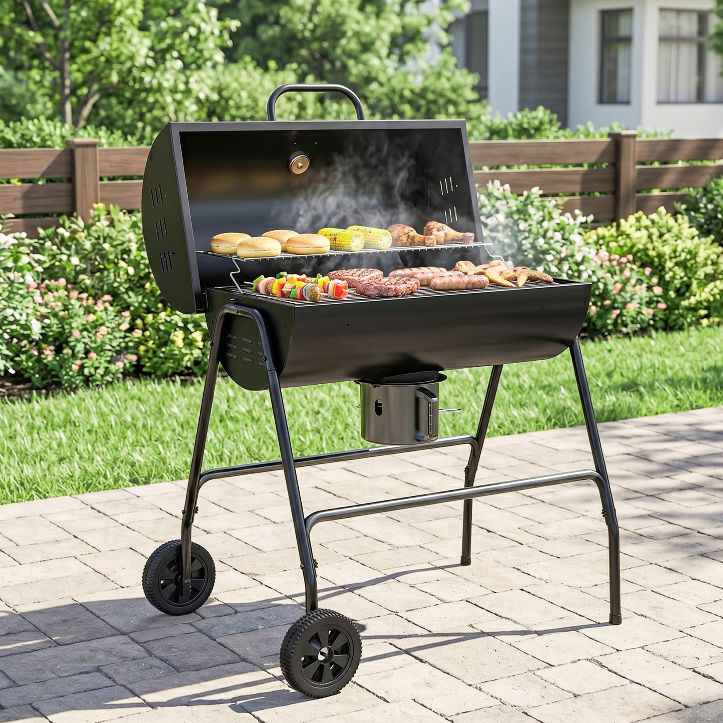Outsunny Steel Charcoal BBQ, with Ash Catcher and Warming Rack