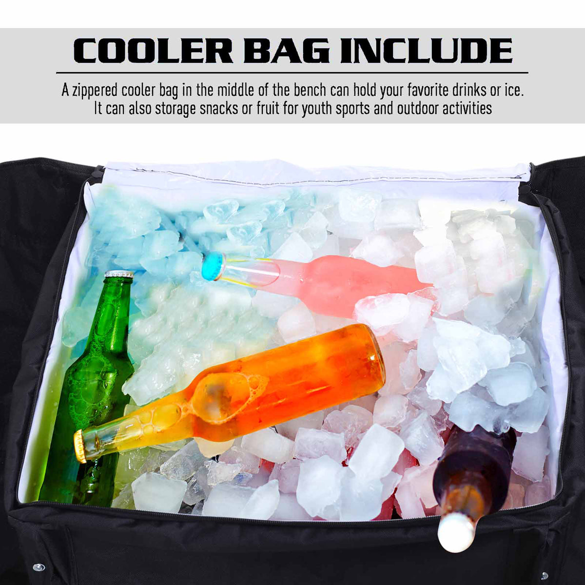 Bench-integrated cooler bag filled with ice and drinks
