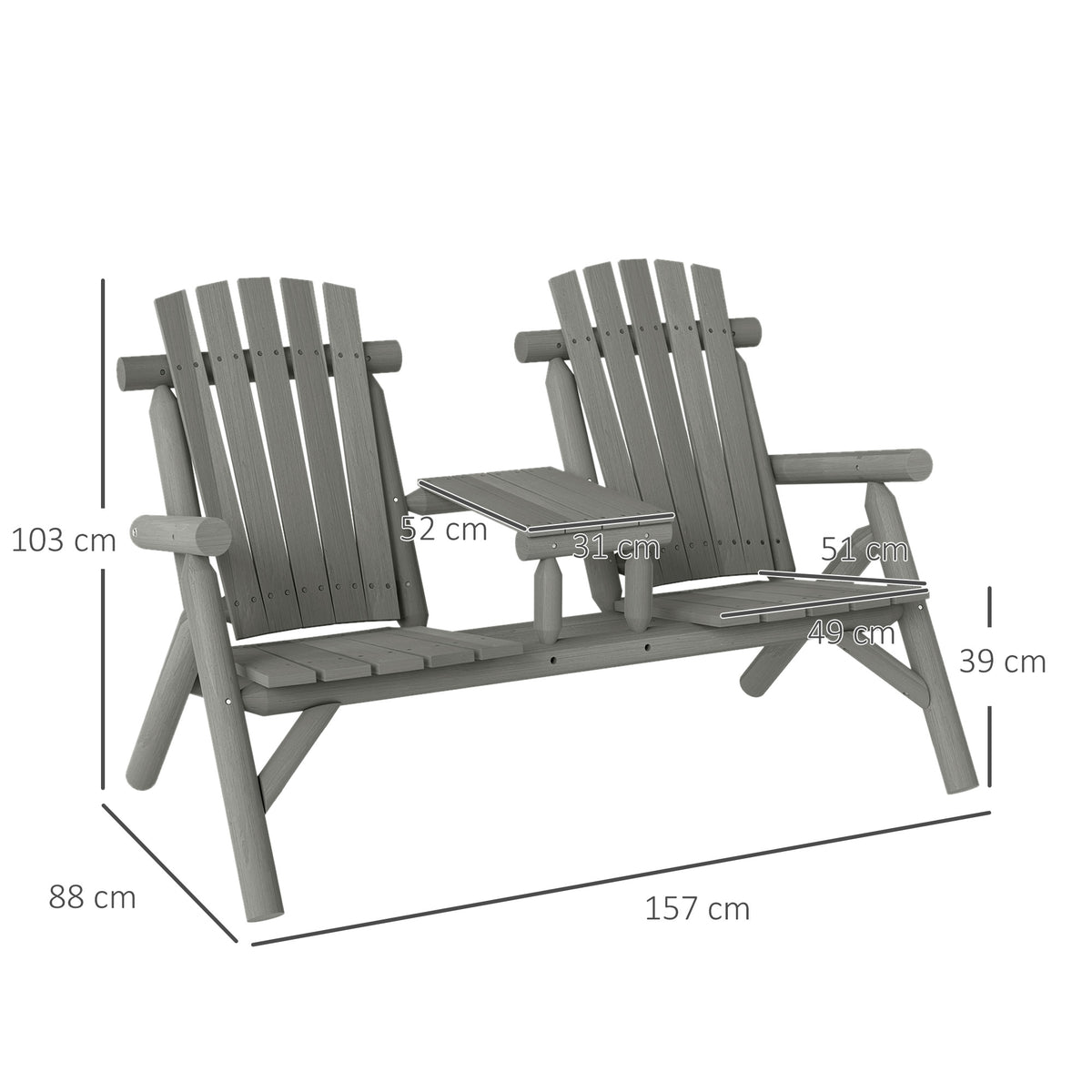 Grey two-seat garden bench with centre table, shown with dimensions