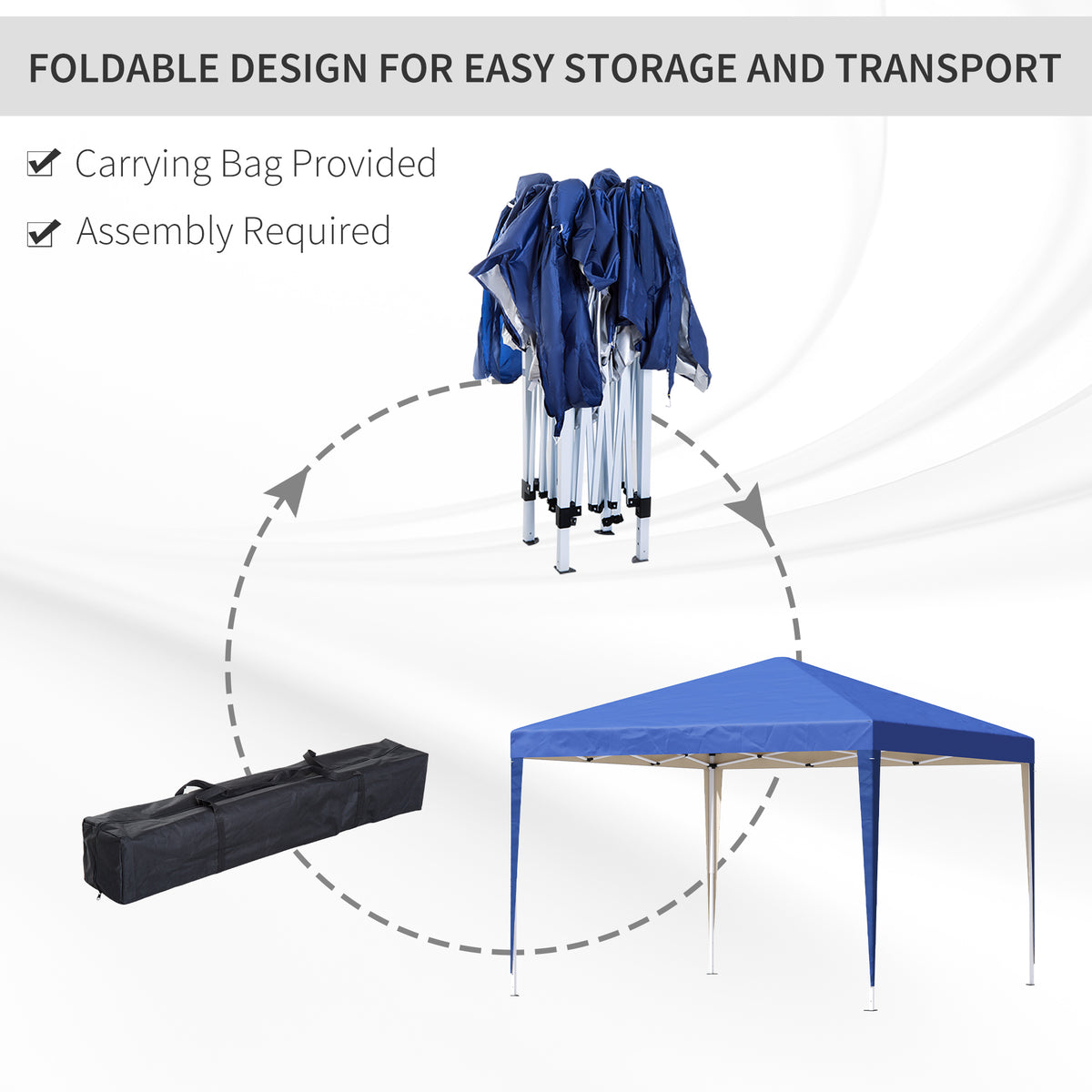 Blue folding gazebo shown open, collapsed, and packed in its carrying bag