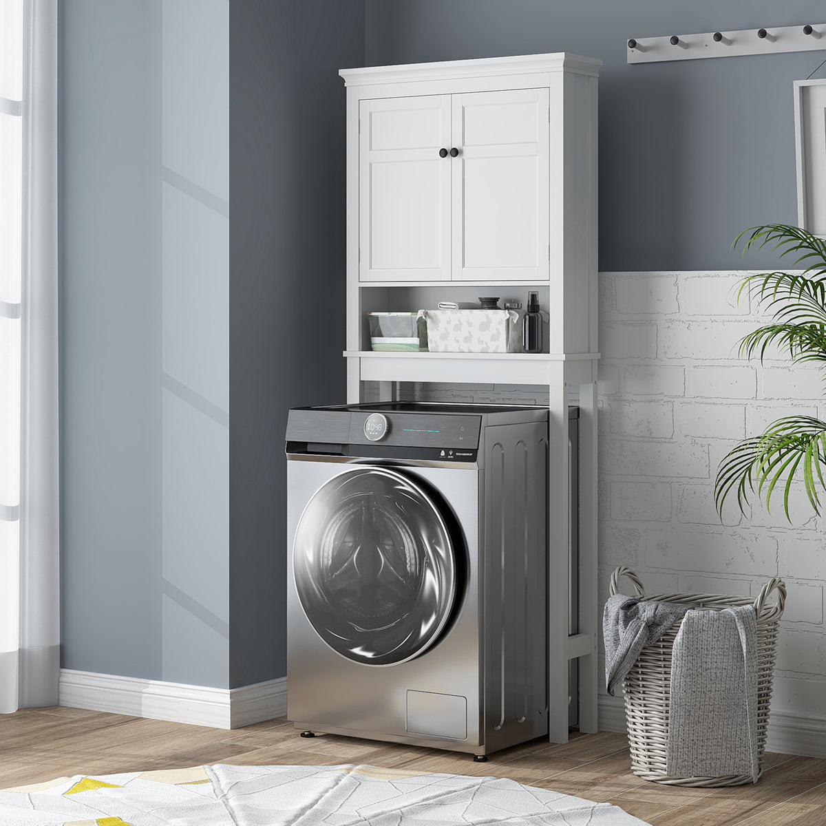 HOMCOM white storage cabinet installed above a front-loading washing machine