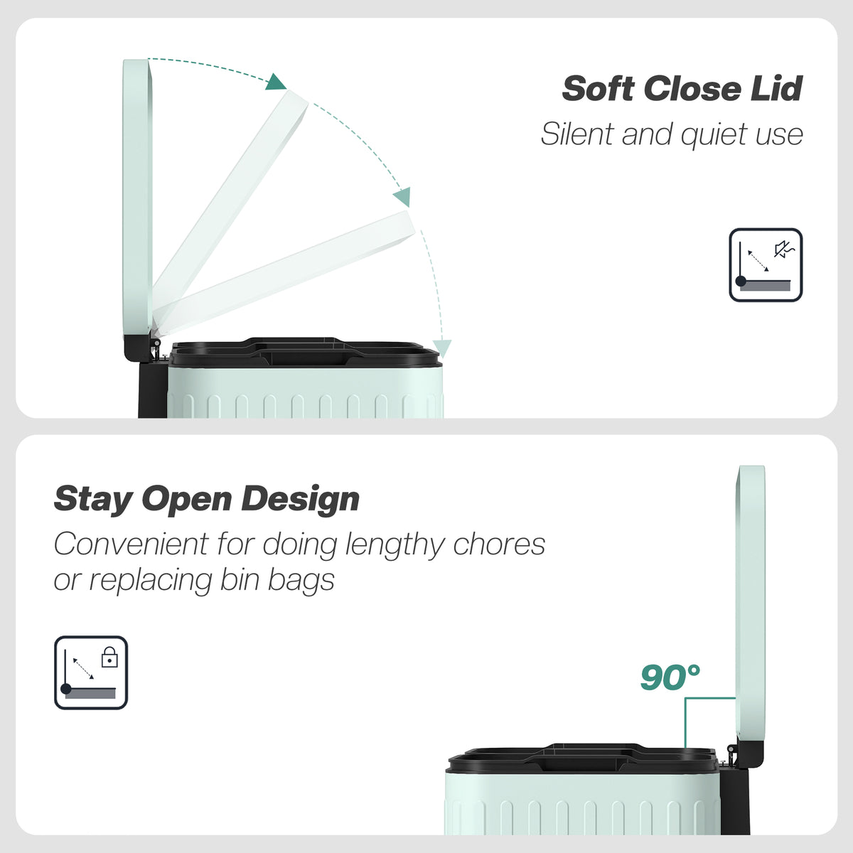 HOMCOM dual bin lid shown opening and staying upright at 90 degrees