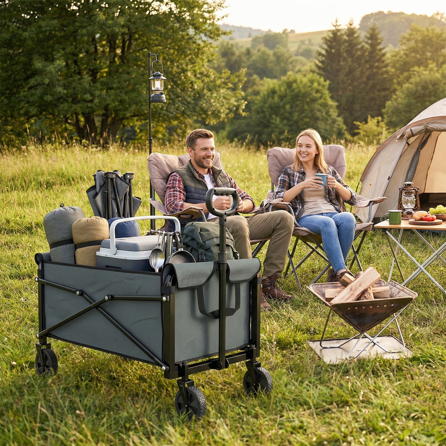 Outsunny 81L Festival Trolley on Wheels, Compact Garden Folding Trolley Cart with Adjustable Handle 80L, Grey