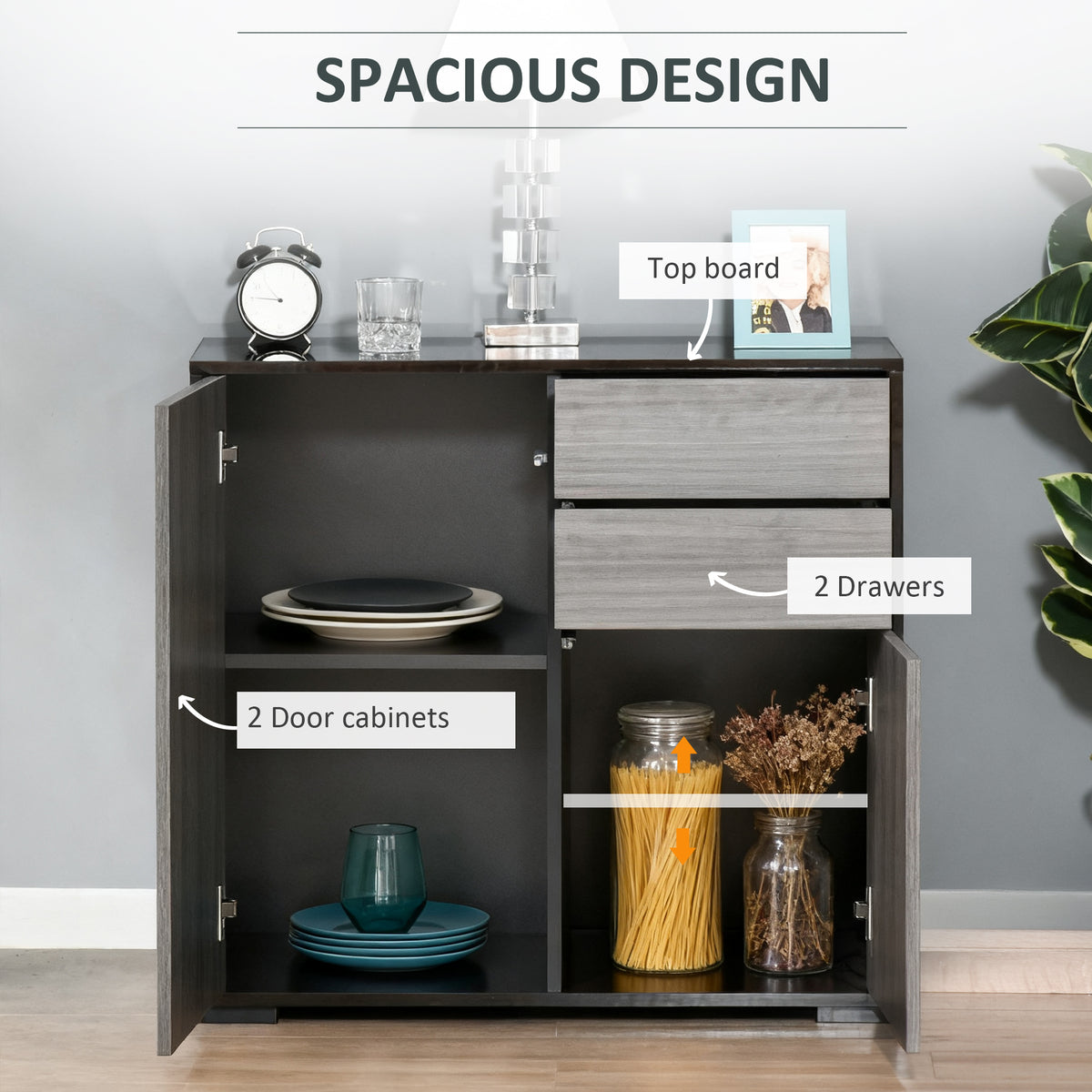 Open sideboard showing two drawers and two cabinet compartments with shelves.