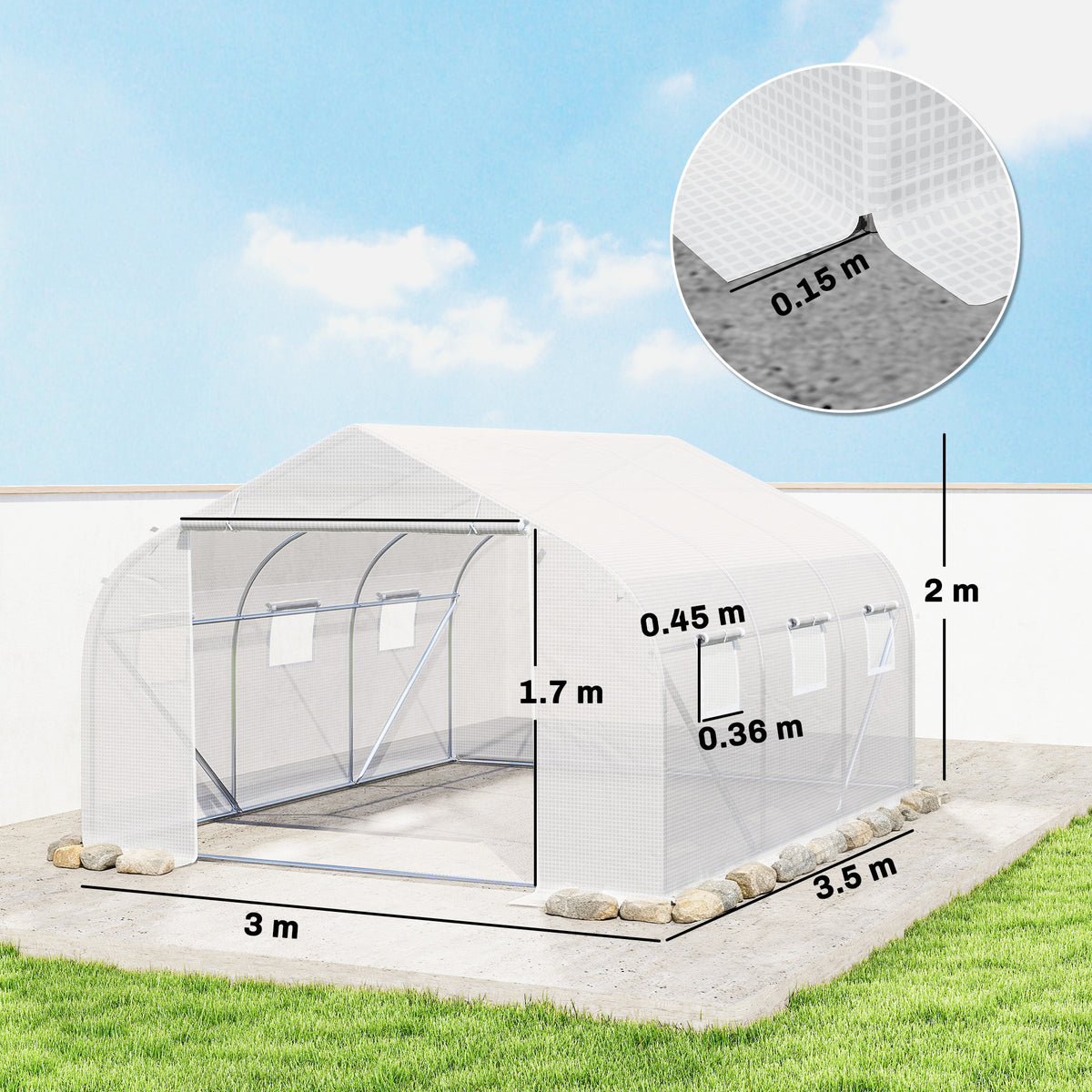 Outsunny polytunnel greenhouse with dimensions, roll-up door, side windows and extended cover edges