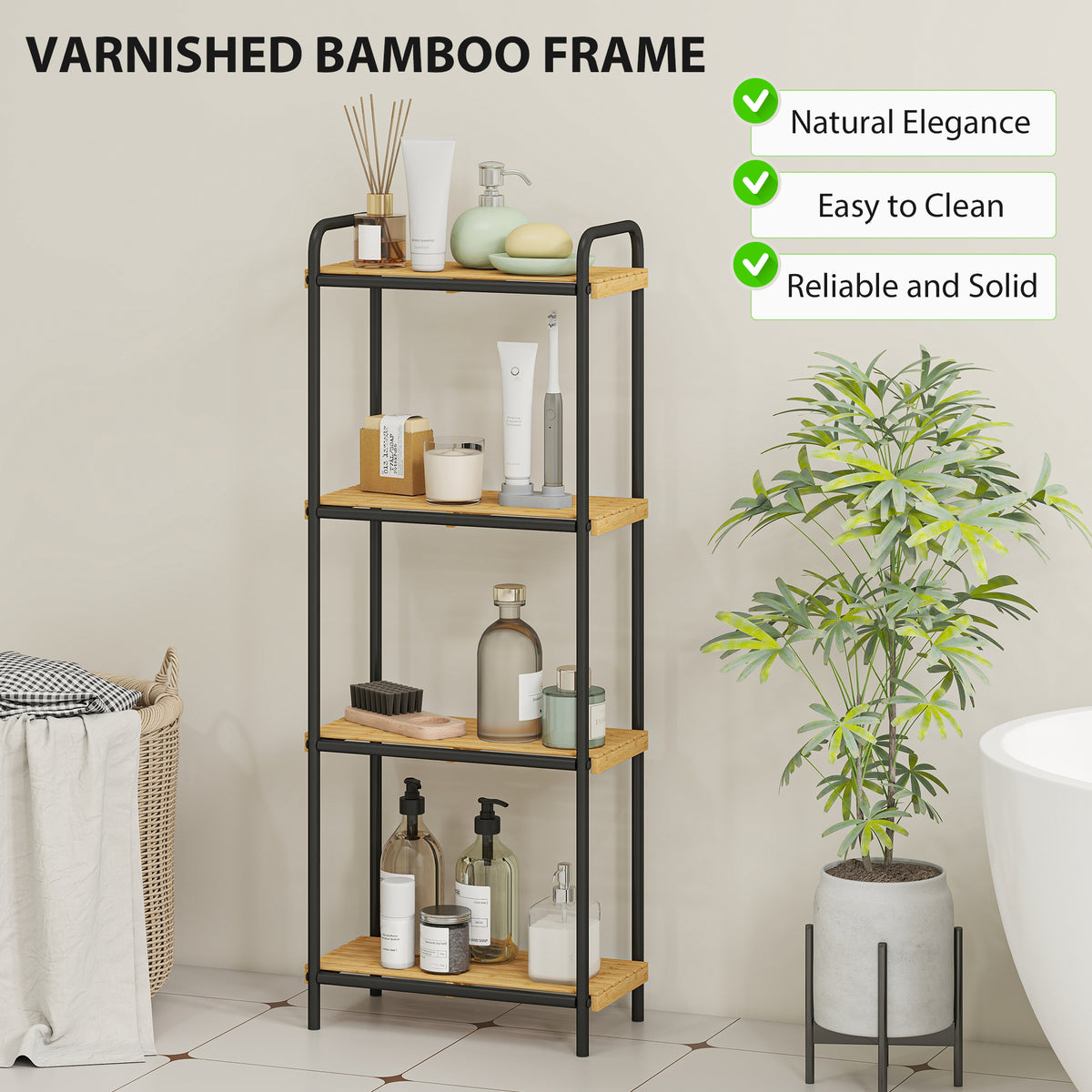 HOMCOM 4-Tier Bamboo Bathroom Storage Shelf, Freestanding Narrow Shelving Unit with Slatted Shelves for Kitchen Bathroom Living Room, 41.5 x 21.5 x 106 cm, Natural and Black