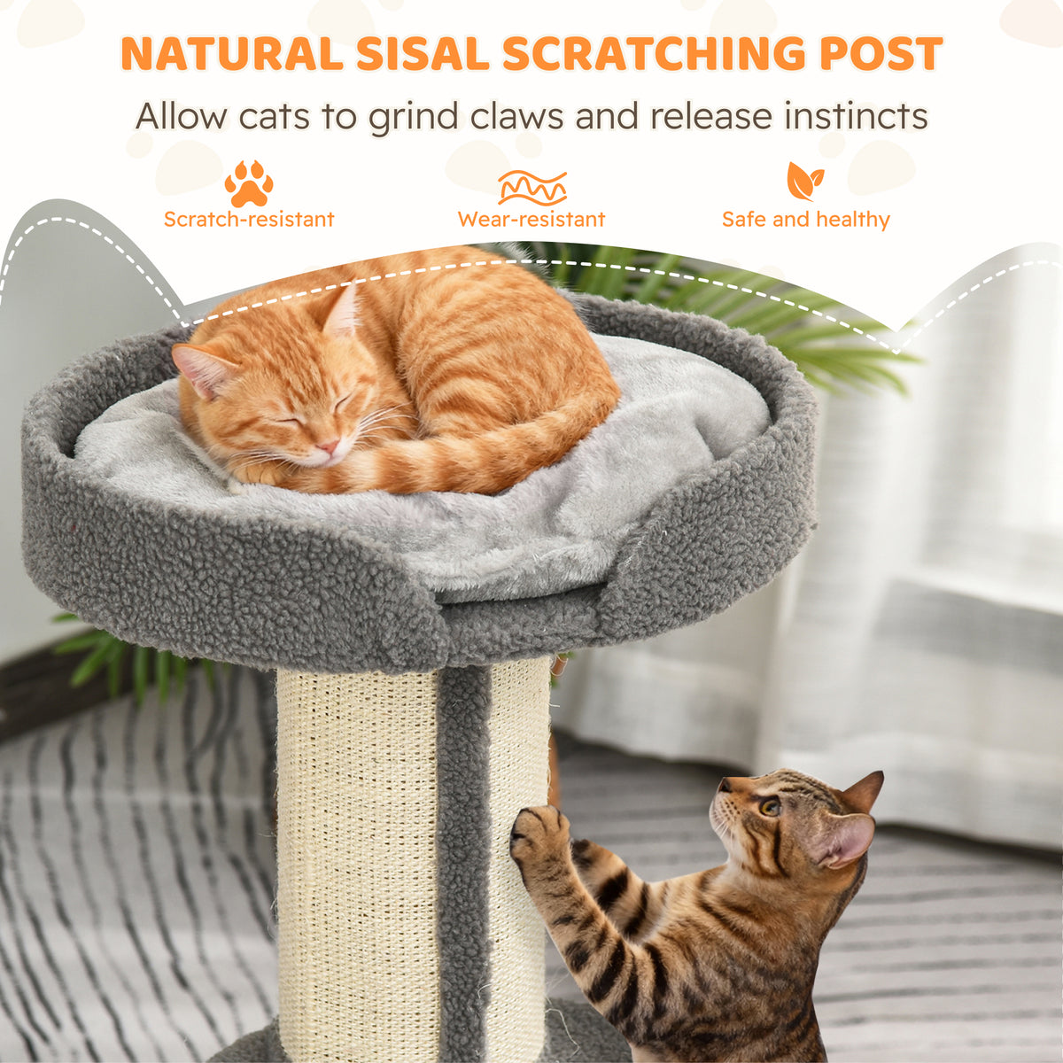 Gray cat tree with sisal scratching post and removable padded top bed for cats