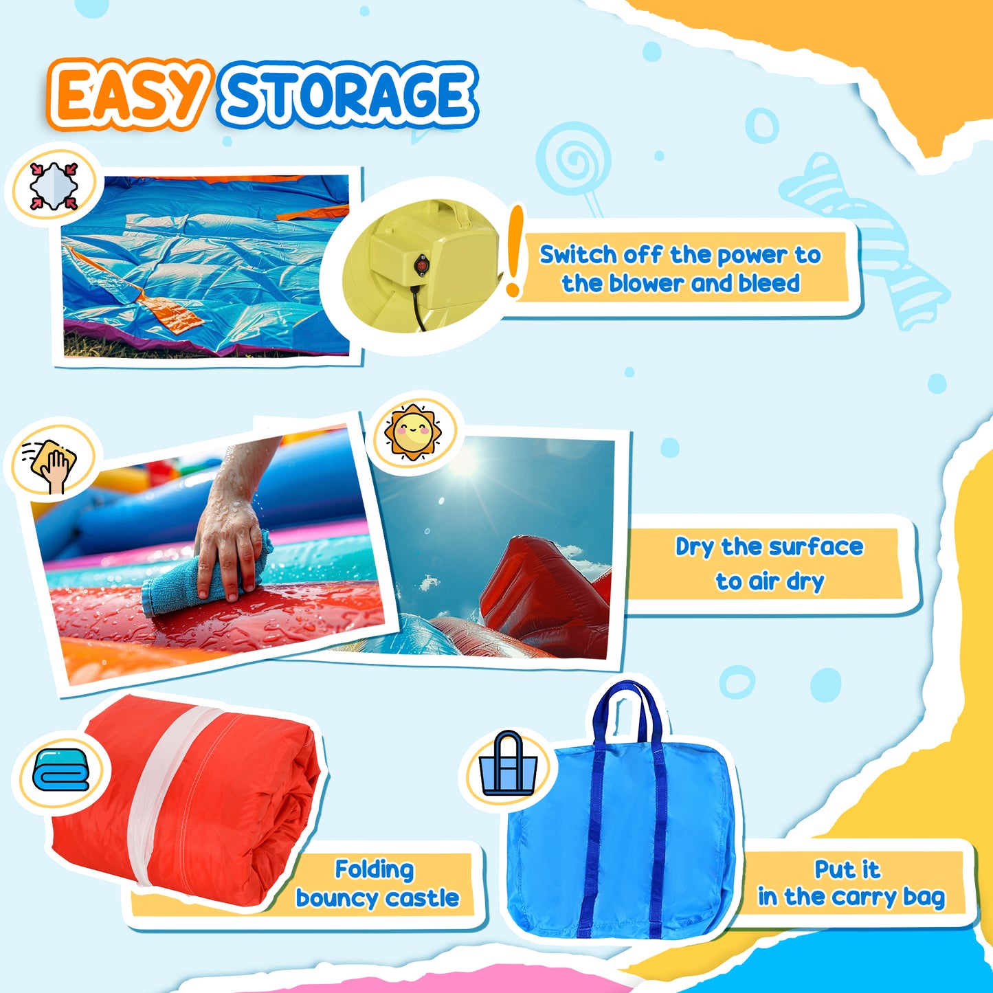 Folded inflatable bounce castle packed into a blue carry bag