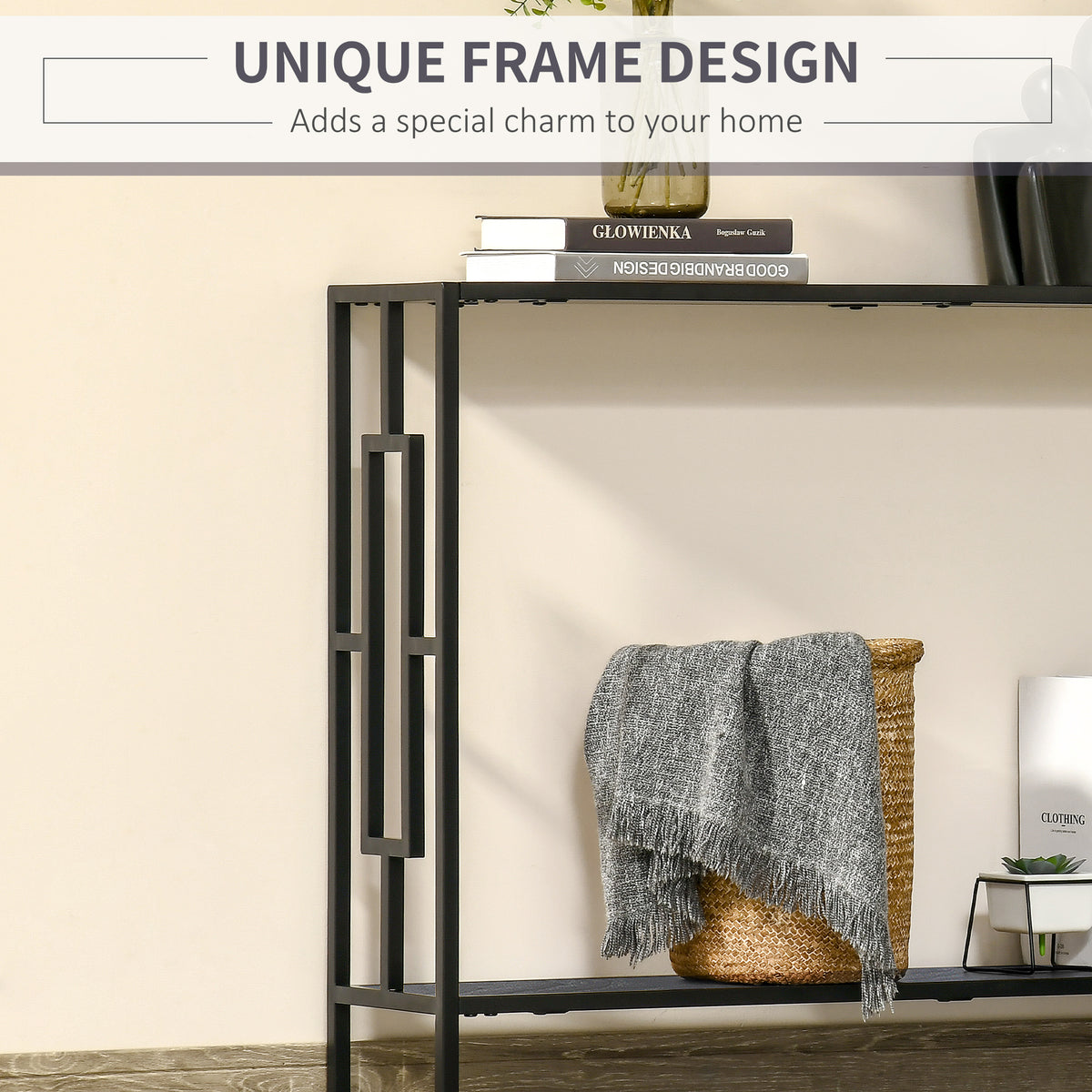 Console table detail showing a black geometric metal frame and two dark shelves