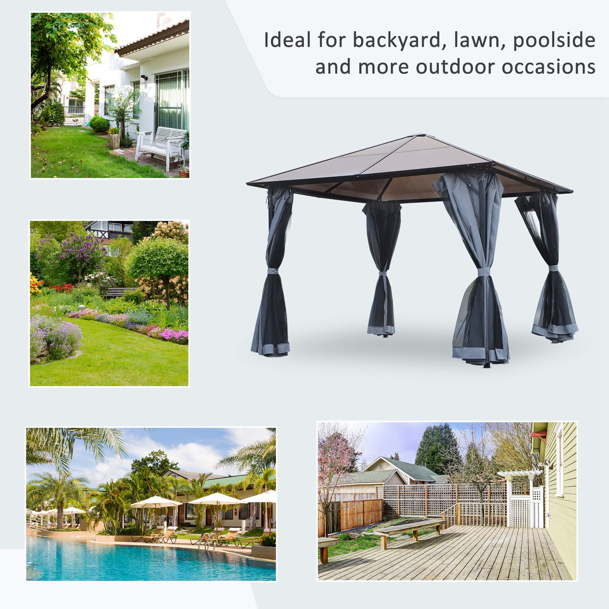 Hardtop gazebo with four curtains, shown in outdoor settings
