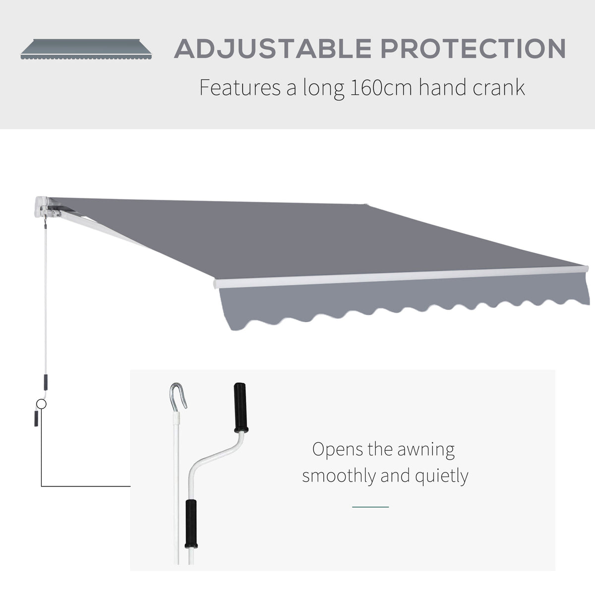 Extended gray awning with manual crank for adjustable shade