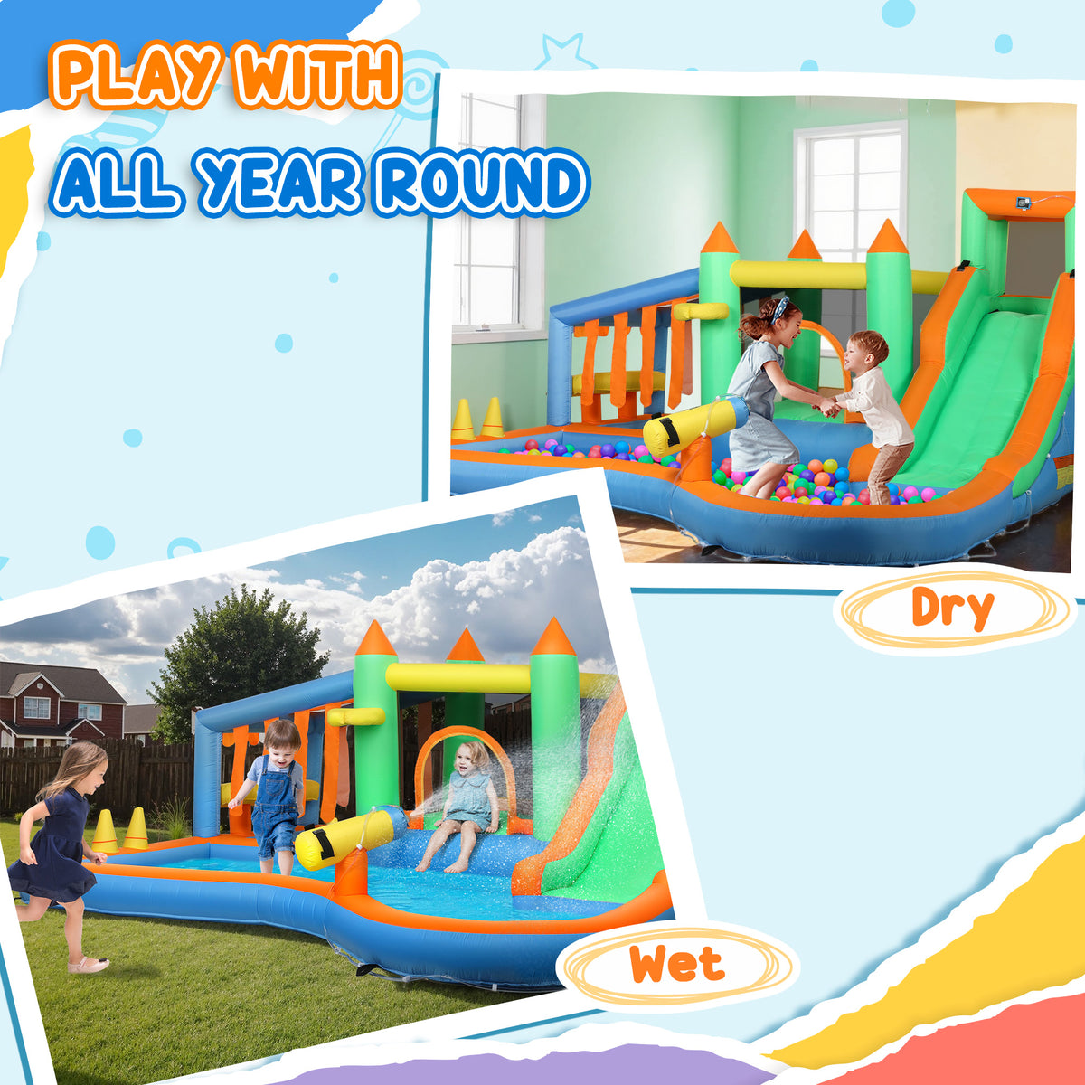 AIYAPLAY 8 in 1 Inflatable Bounce House with 550W Blower, Slide, 2 Pools, Basketball Hoop, Climbing Wall, Water Gun, Ring Toss
