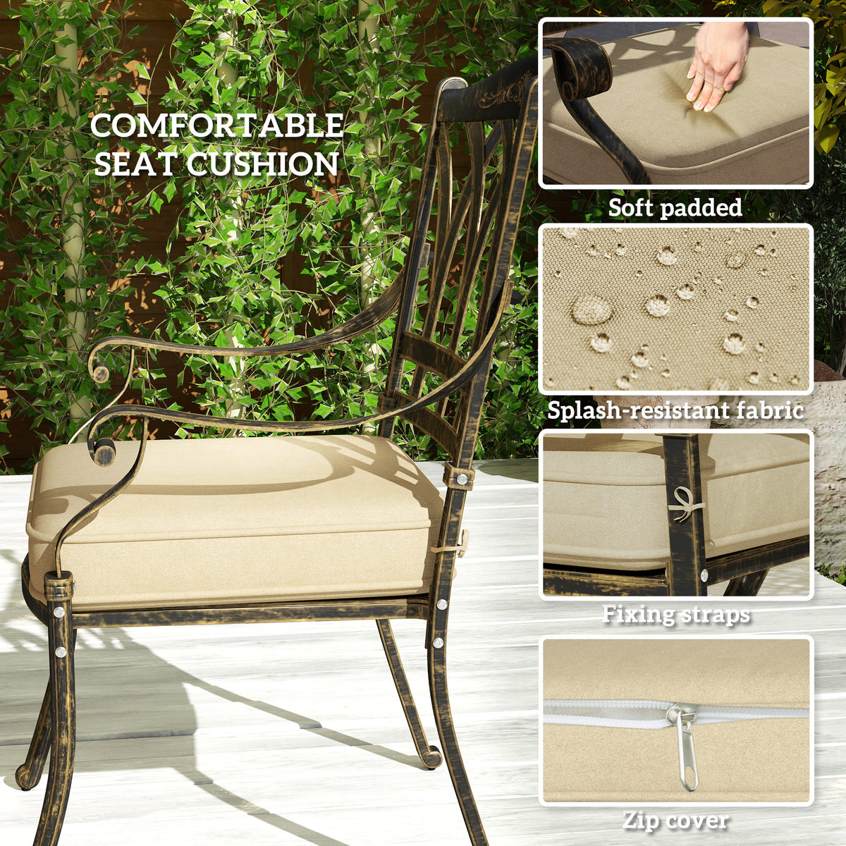 Dining chair with beige padded cushion, splash-resistant cover and fixing straps