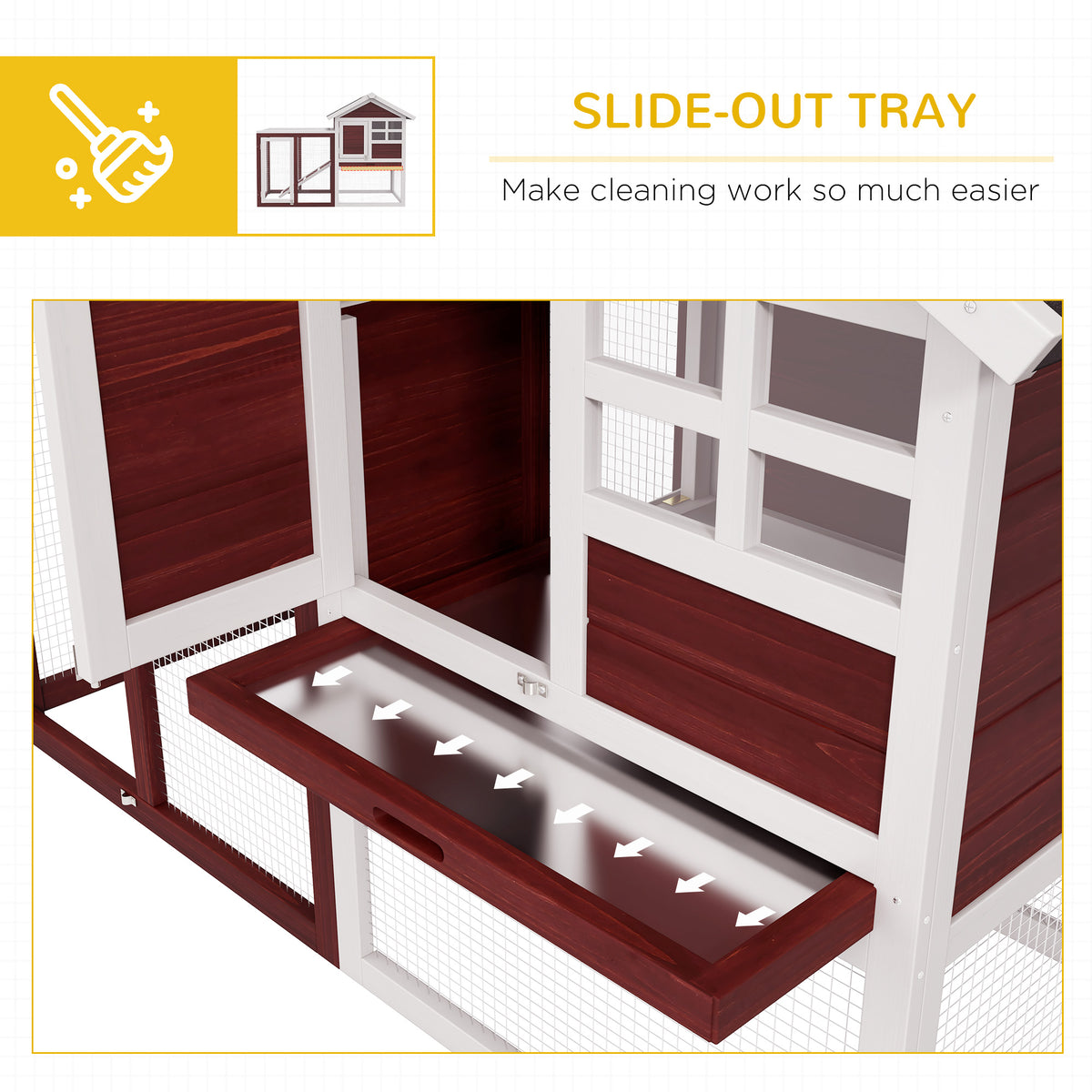 Close-up of the hutch's pull-out cleaning tray beneath the raised house