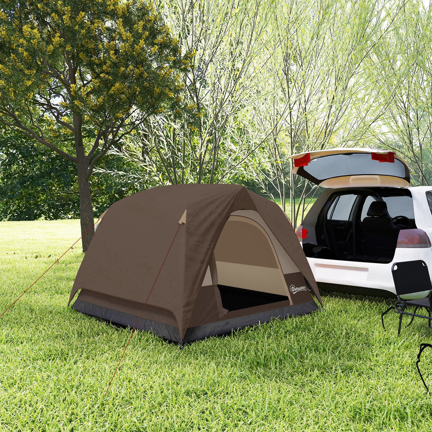 Outsunny Camping Tent, Easy Set Up 2-3 Man Tent with Sewn-in Groundsheet, 3000 mm Dome Tent w/ Mesh Windows, Brown