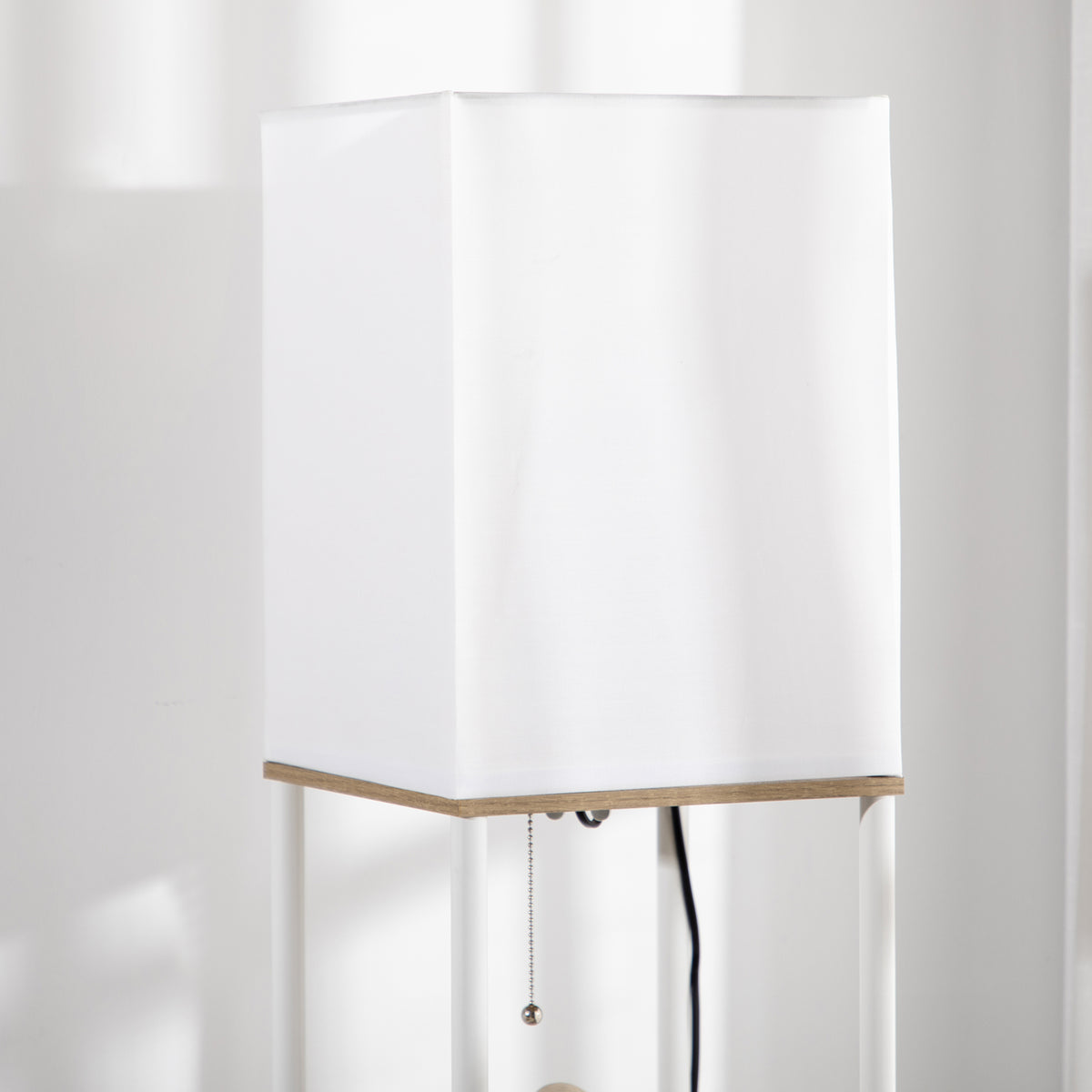 HOMCOM Modern Metal Floor Lamp with Shelves, 3 Layer Shelf Tall Standing Lamp with Fabric Lampshade, Pull Chain Switch for Living Room, Bedroom, Bulb not Included, White