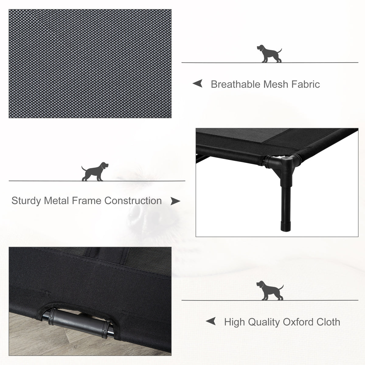 PawHut bed details showing breathable mesh, metal frame and Oxford cloth