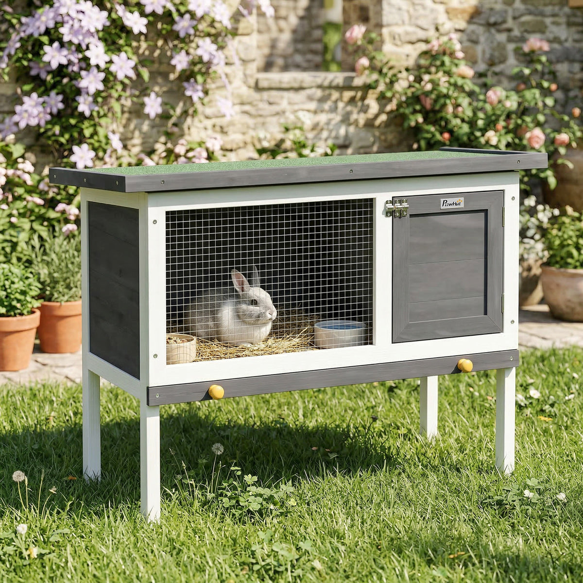 PawHut Wooden Rabbit Hutch, Guinea Pig Hutch with Asphalt Roof, Outdoor Elevated Bunny House for Rabbits, Chinchillas