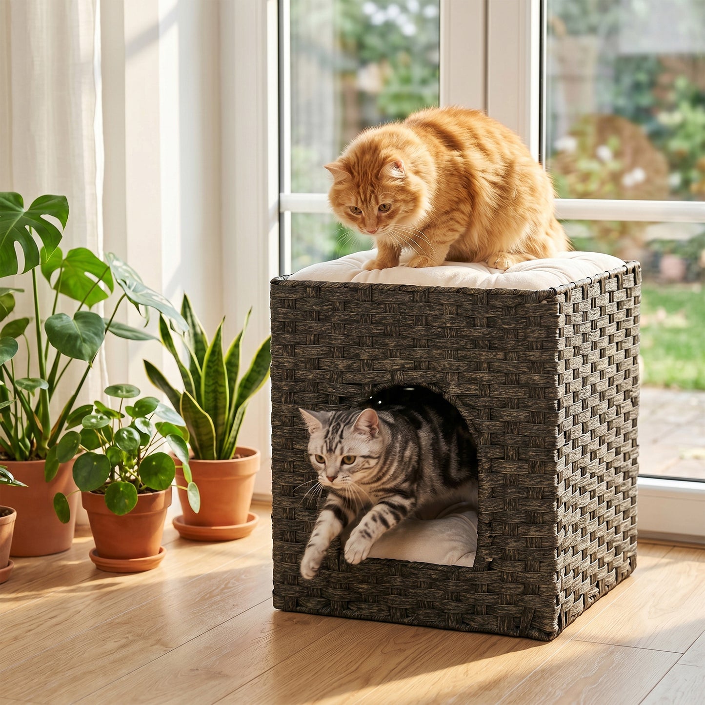 PawHut 2-Tier Wicker Cat House, Handwoven Rattan Cat Bed with Washable Cushions, Indoor Kitten Condo Hideaway