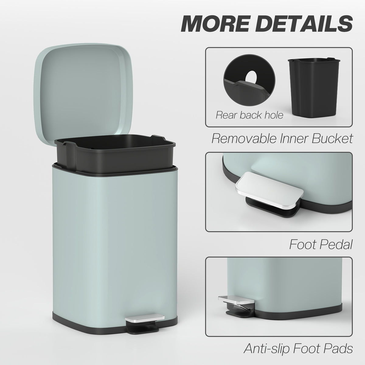 Light green bin with removable inner bucket, foot pedal and anti-slip foot pads.
