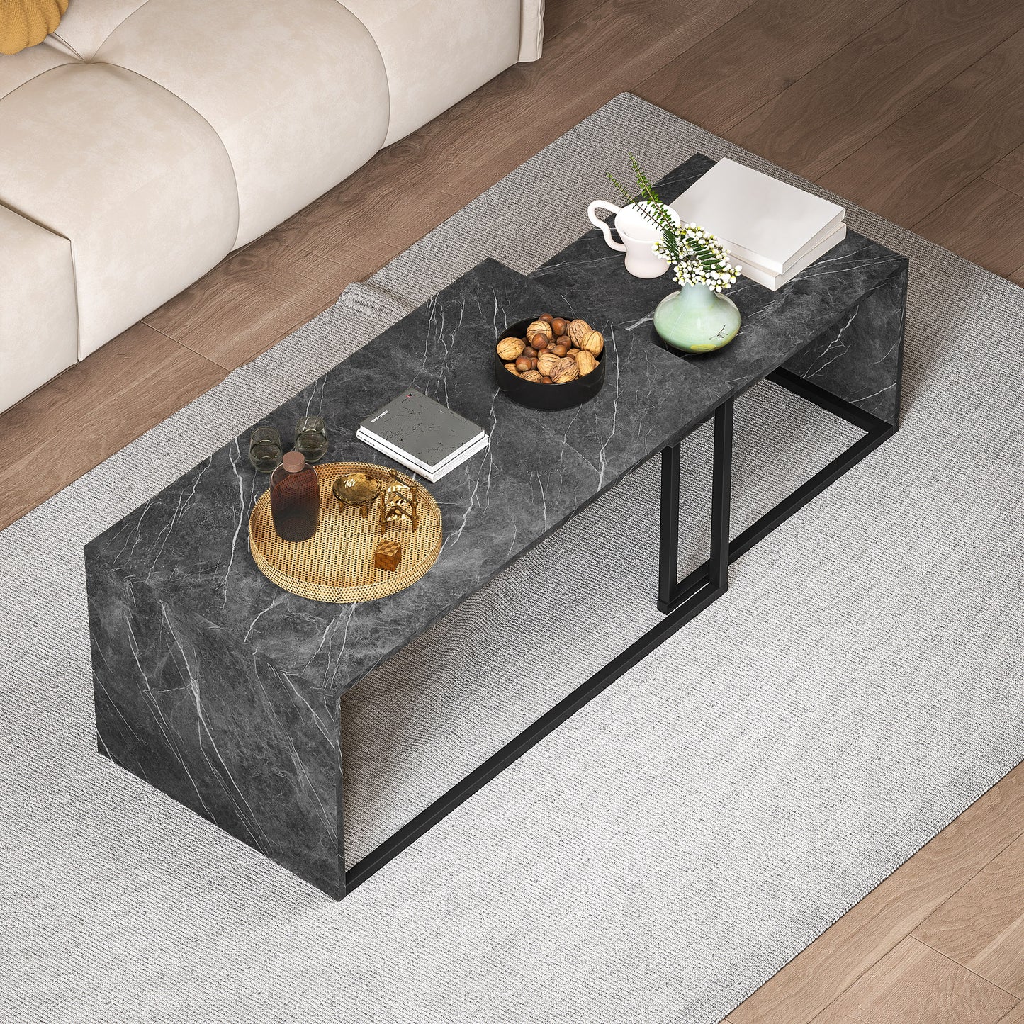 HOMCOM Nesting Coffee Table Set of 2, Industrial Stacking Side End Tables with Metal Frame for Living Room, Bedroom, Dark Grey Marble Effect