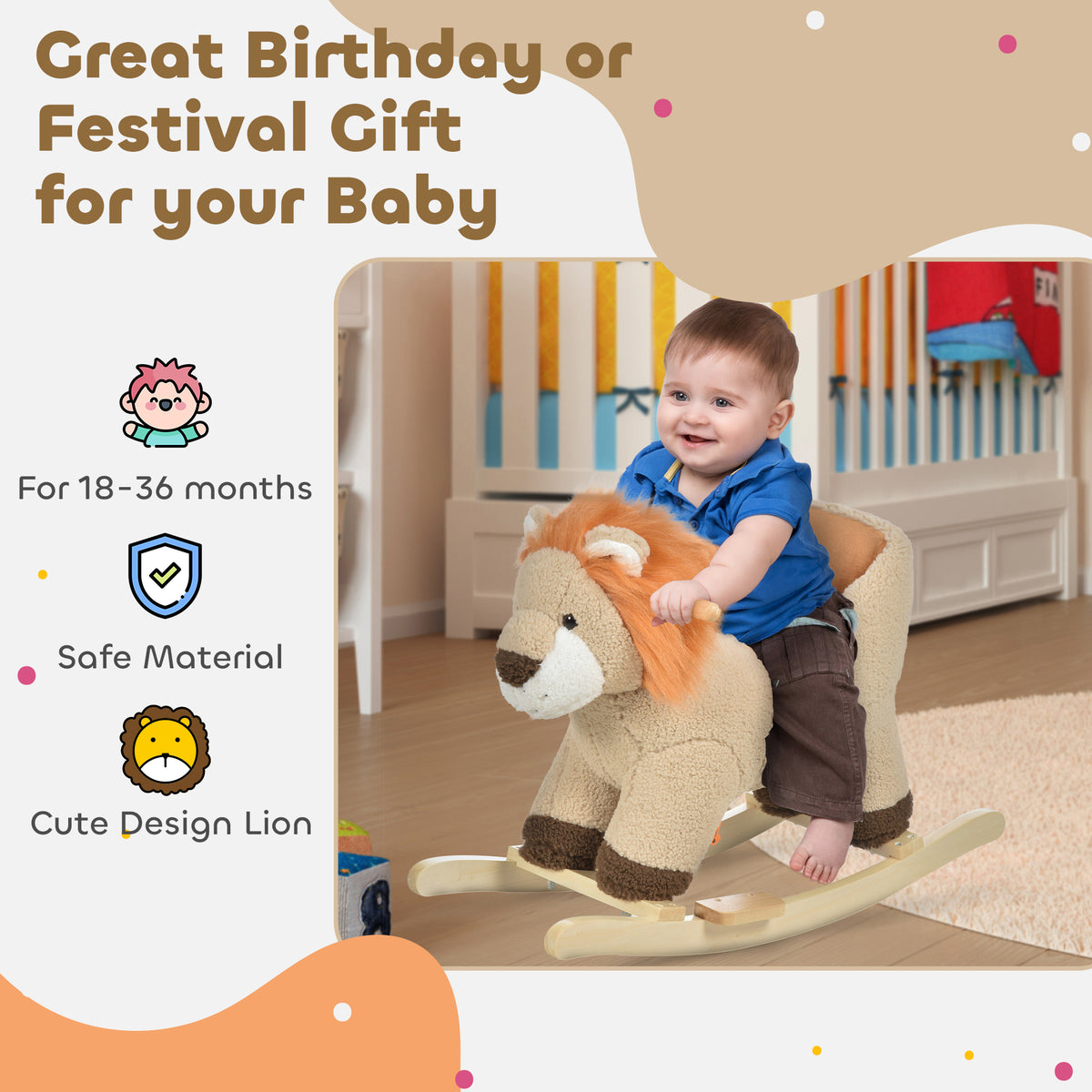 HOMCOM Kids Lion-themed Rocking Horse, with Roaring Sound Button, Seatbelt, Brown