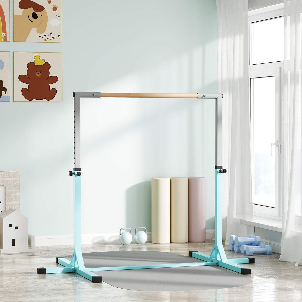 HOMCOM Height Adjustable Gymnastics Horizontal Bar for Kids, Children Junior Kip High Bar Fitness, Light Blue