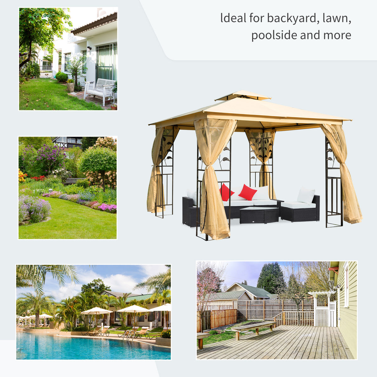 Beige garden gazebo with tied-back mesh curtains and outdoor seating