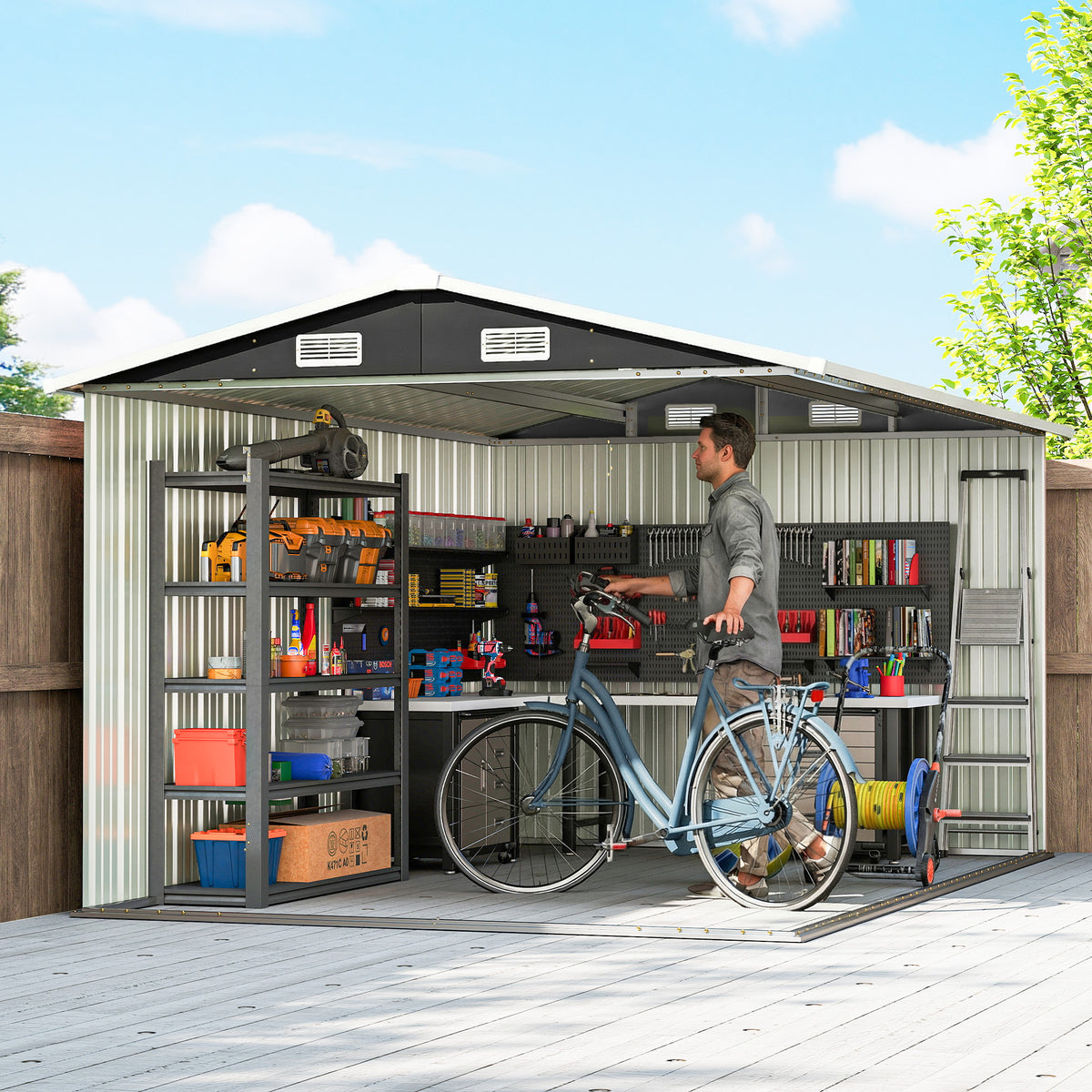 Outsunny 12 x 8 ft Garden Shed, Outdoor Storage Shed with 4 Vents and Lockable Double Doors, Dark Grey