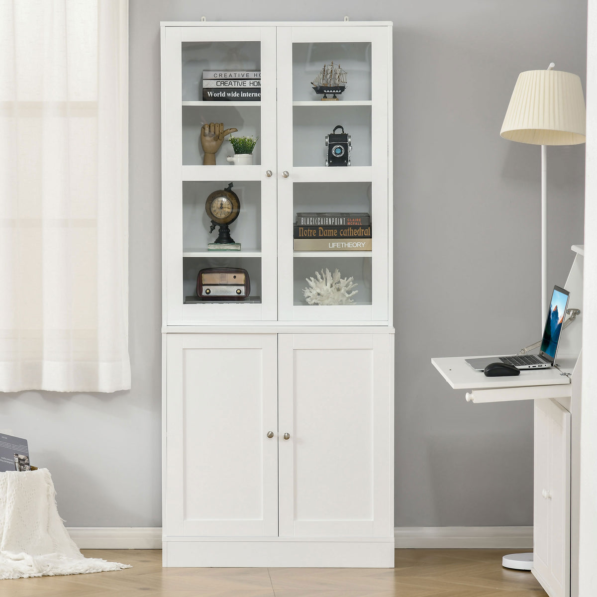 HOMCOM Modern Bookcase with Glass Doors, Display Storage Cabinet with Adjustable Shelves for Living Room, Study, Home Office, Kitchen Cupboard with Small Open Counter, White