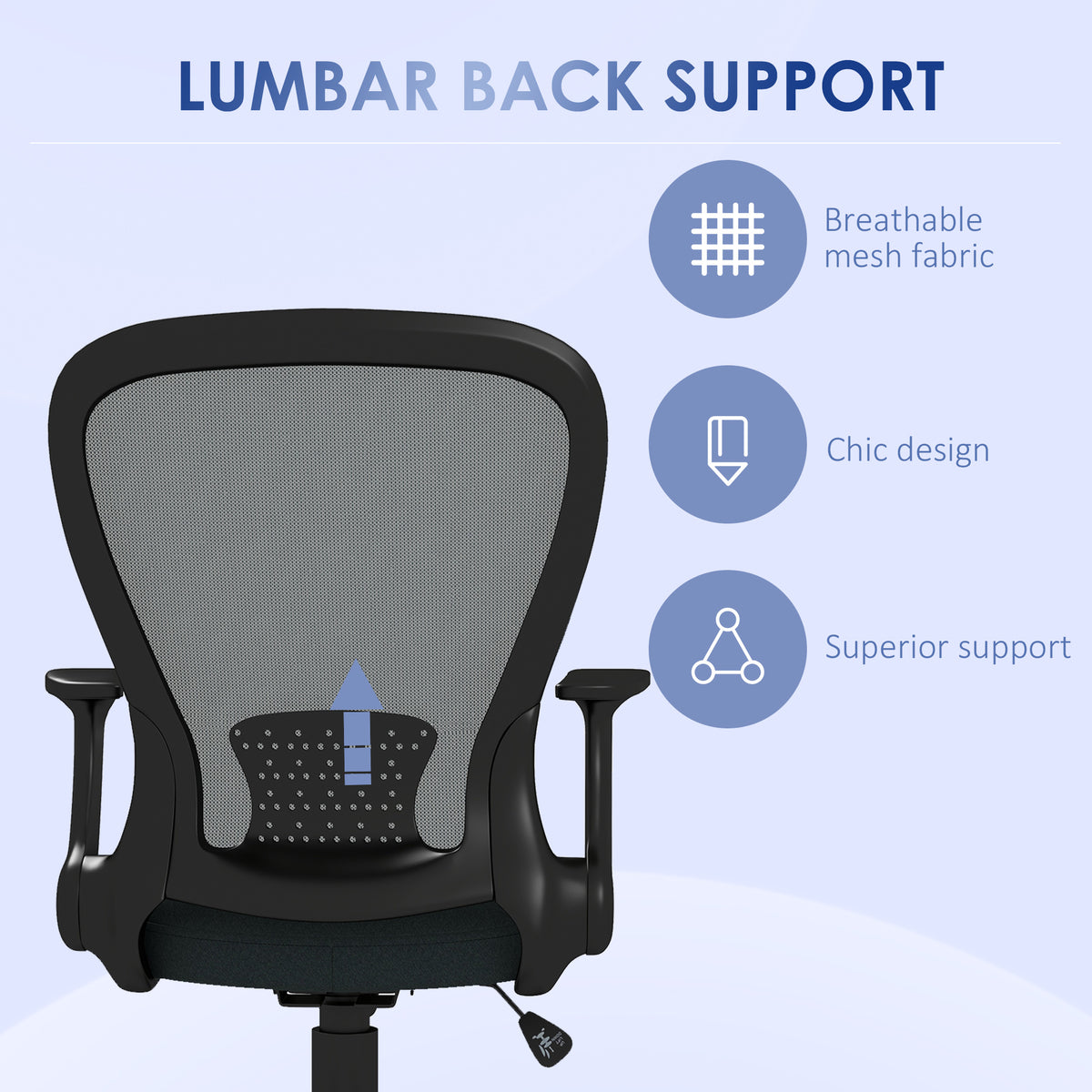 Grey mesh office chair back with lumbar support panel and flip-up armrests.