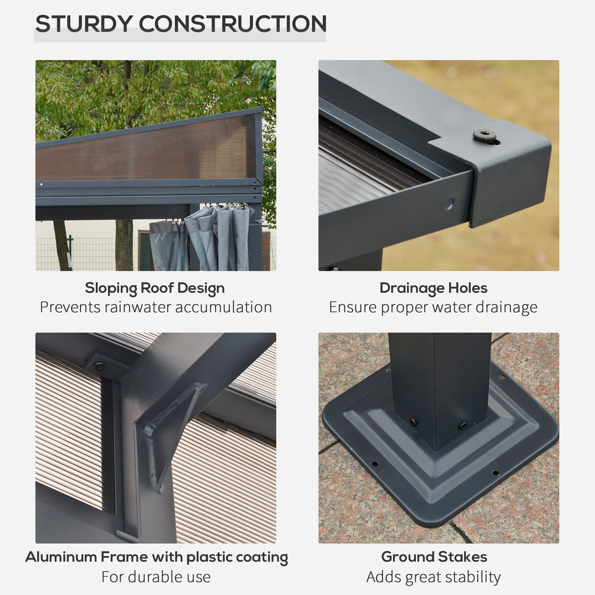 Outsunny gazebo construction details: sloped roof, drainage holes, frame and ground stakes
