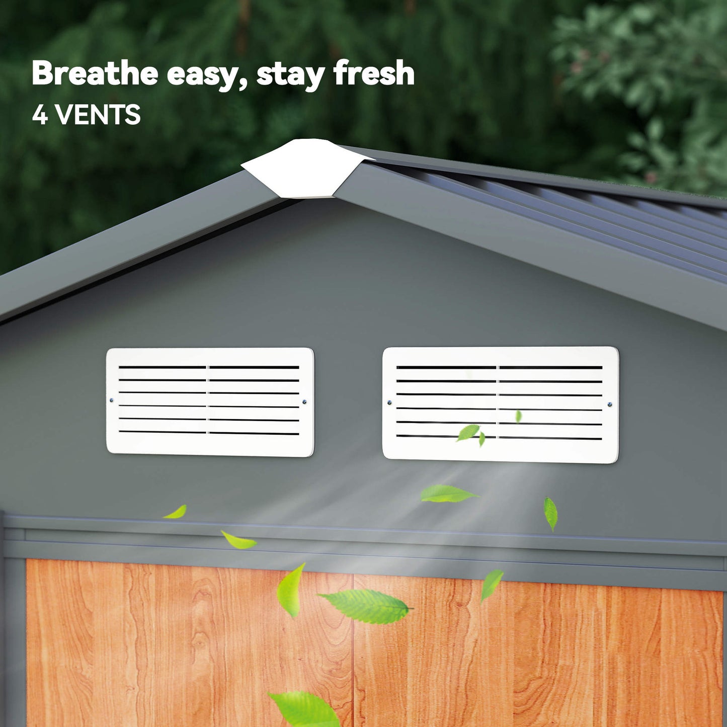 Outsunny garden shed roof peak with two rectangular ventilation grilles