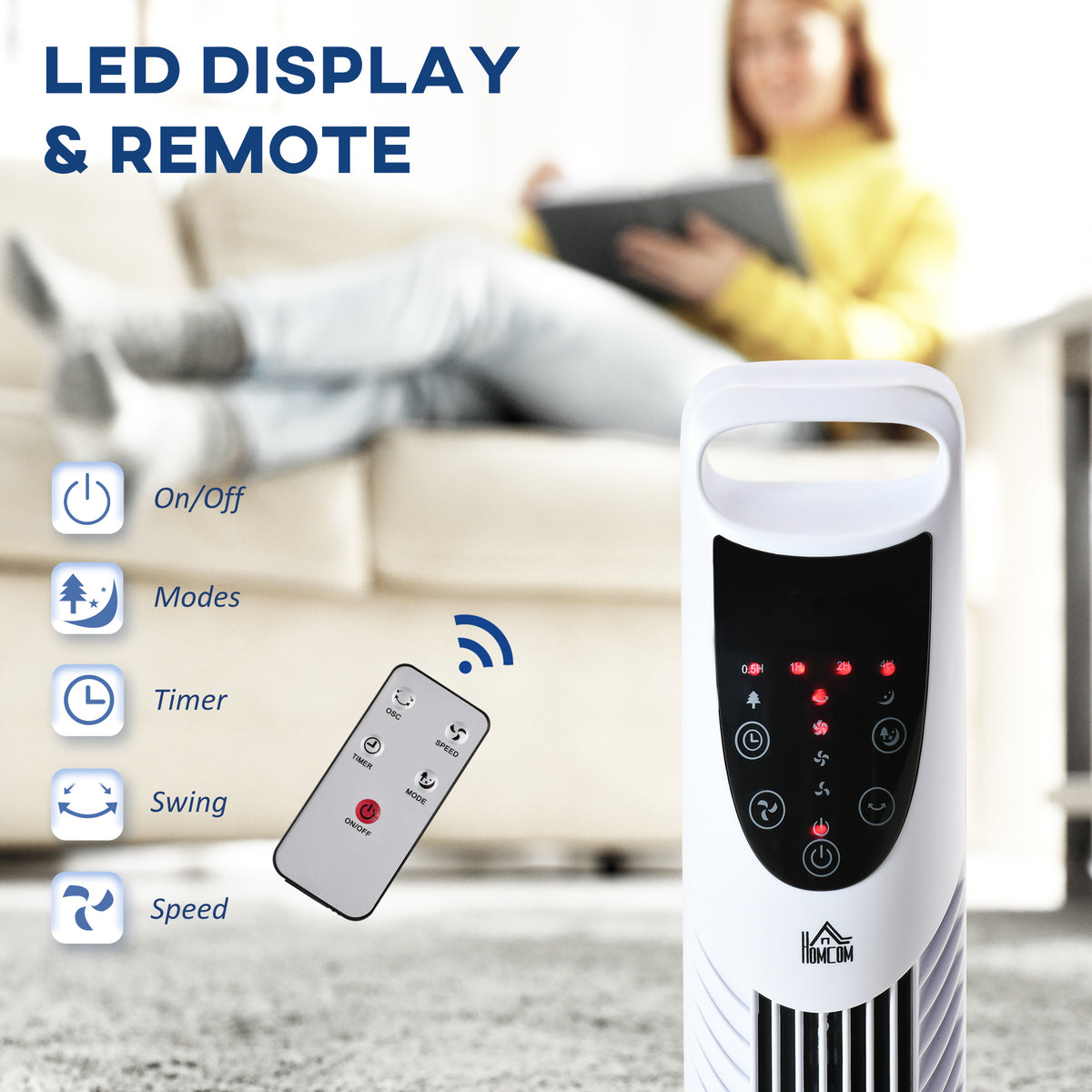 HOMCOM tower fan control panel and remote with timer, mode, swing and speed buttons