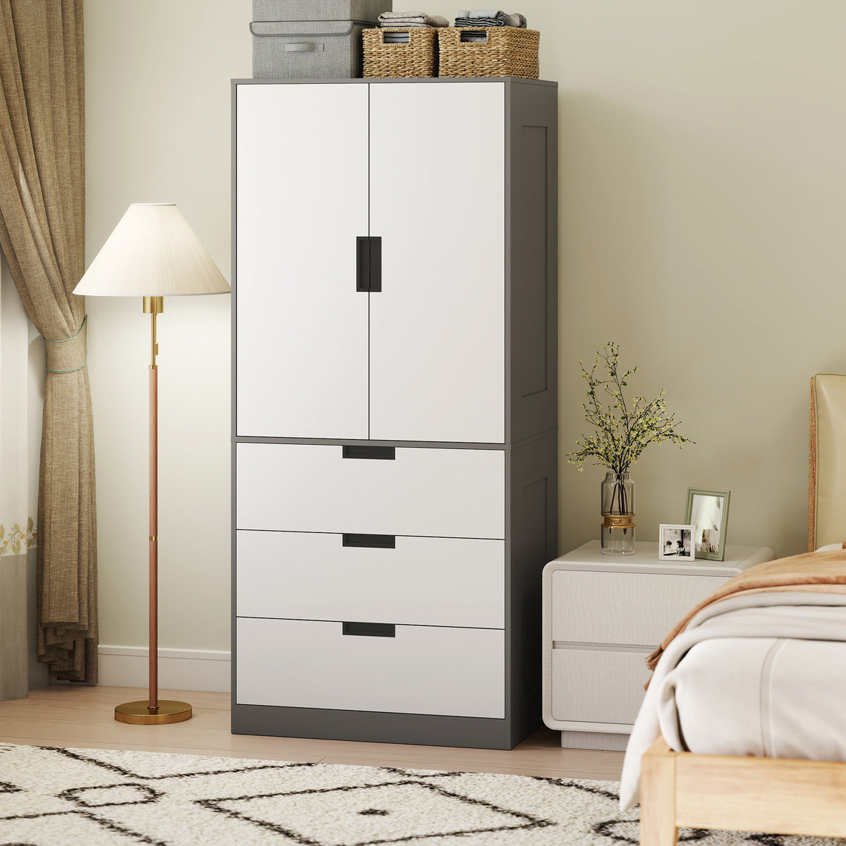 Two-door wardrobe cupboard with three drawers, shown closed.