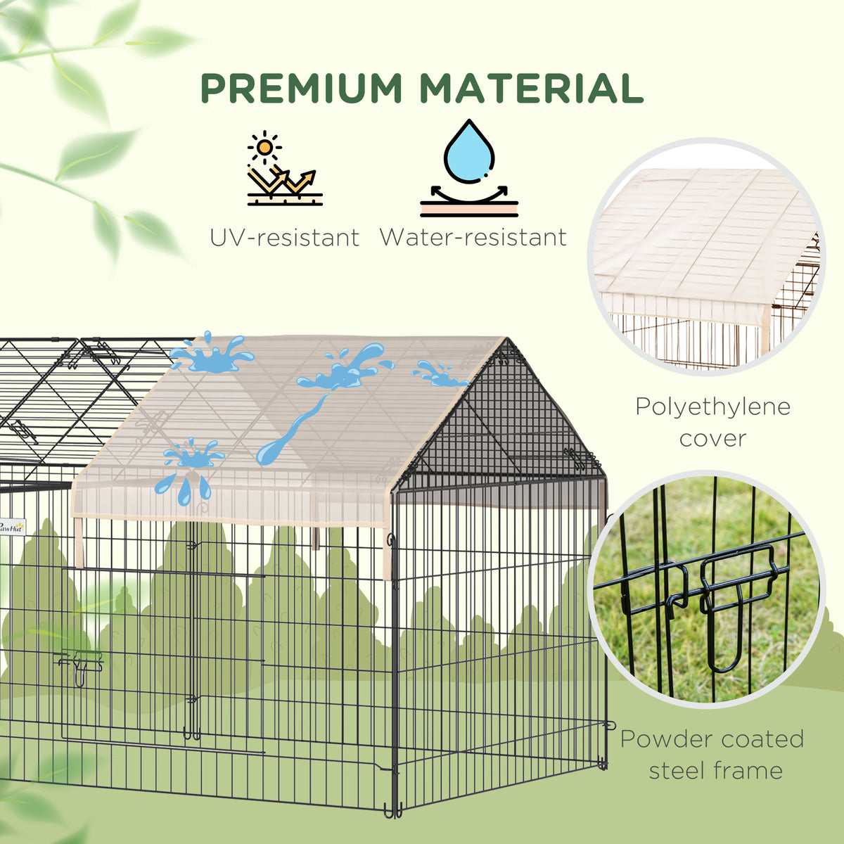 PawHut metal rabbit run with beige water-resistant cover and powder-coated steel frame