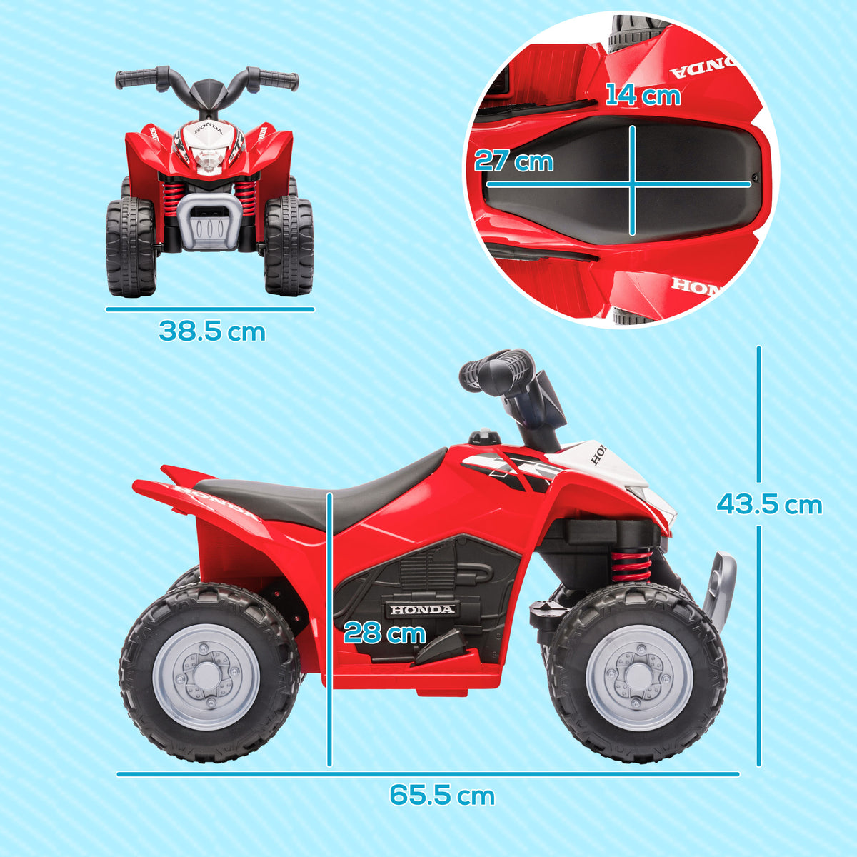 Red Honda kids' electric quad bike with measurements: 65.5 cm long, 43.5 cm high and 38.5 cm wide