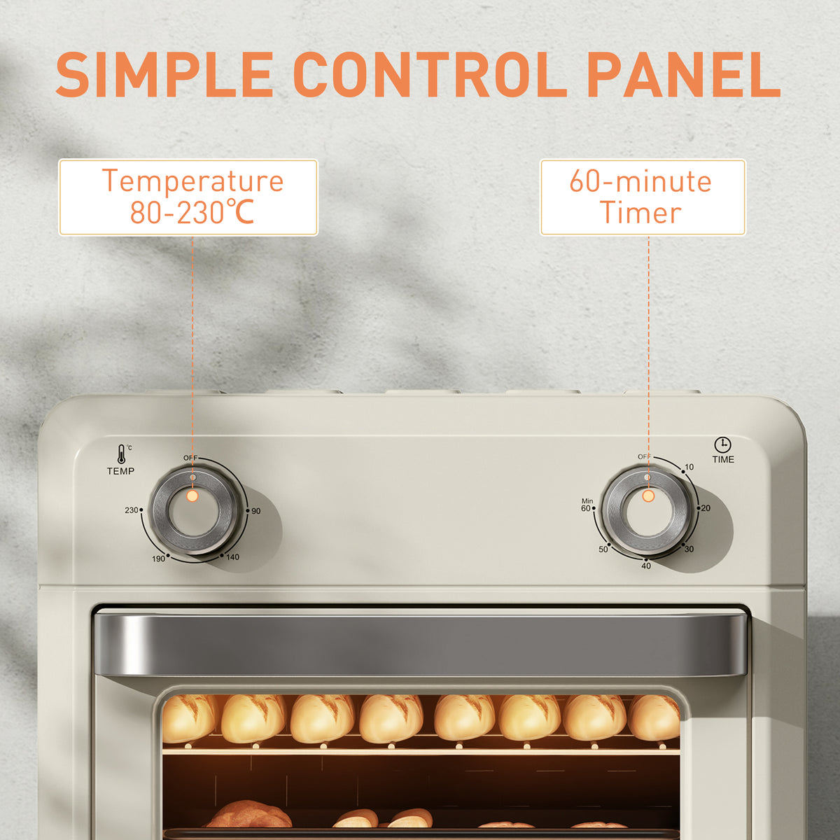 HOMCOM cream air fryer oven with temperature and 60-minute timer dials