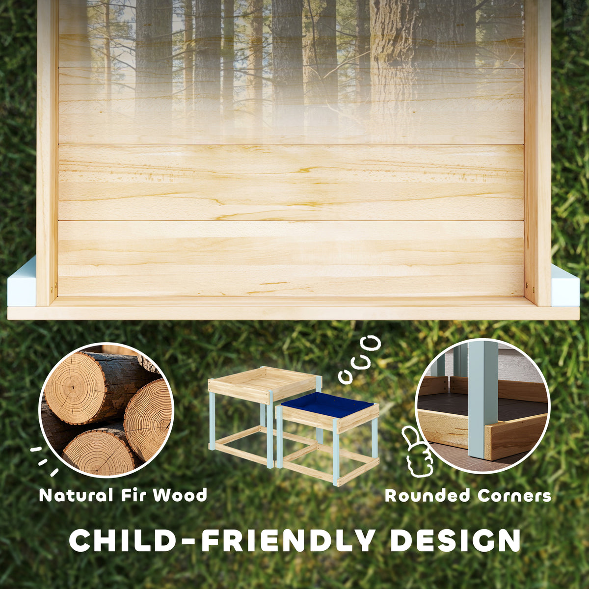 AIYAPLAY 2 PCS Wooden Outdoor Sand and Water Play Tables with Bottom Liner for Kids Aged 3-8 Years Old, Natural Wood Finish
