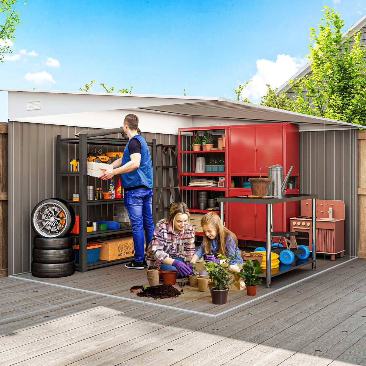 Open grey metal garden shed with shelving and room for tools, tires, and gardening supplies