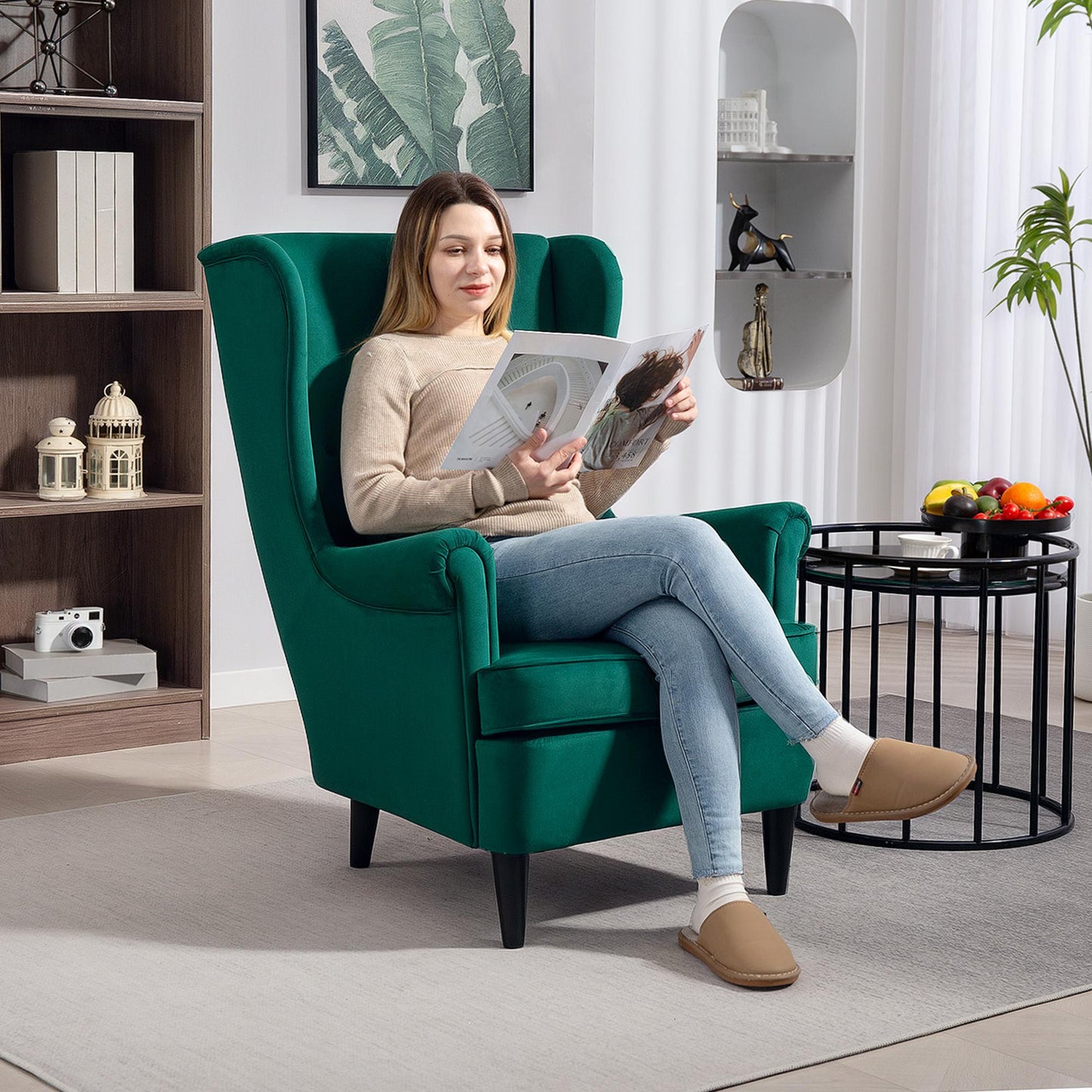 HOMCOM Modern Accent Chair with High Backrest and Pillow, Velvet-Feel Fabric Reading Chair with Solid Wood Legs, Green