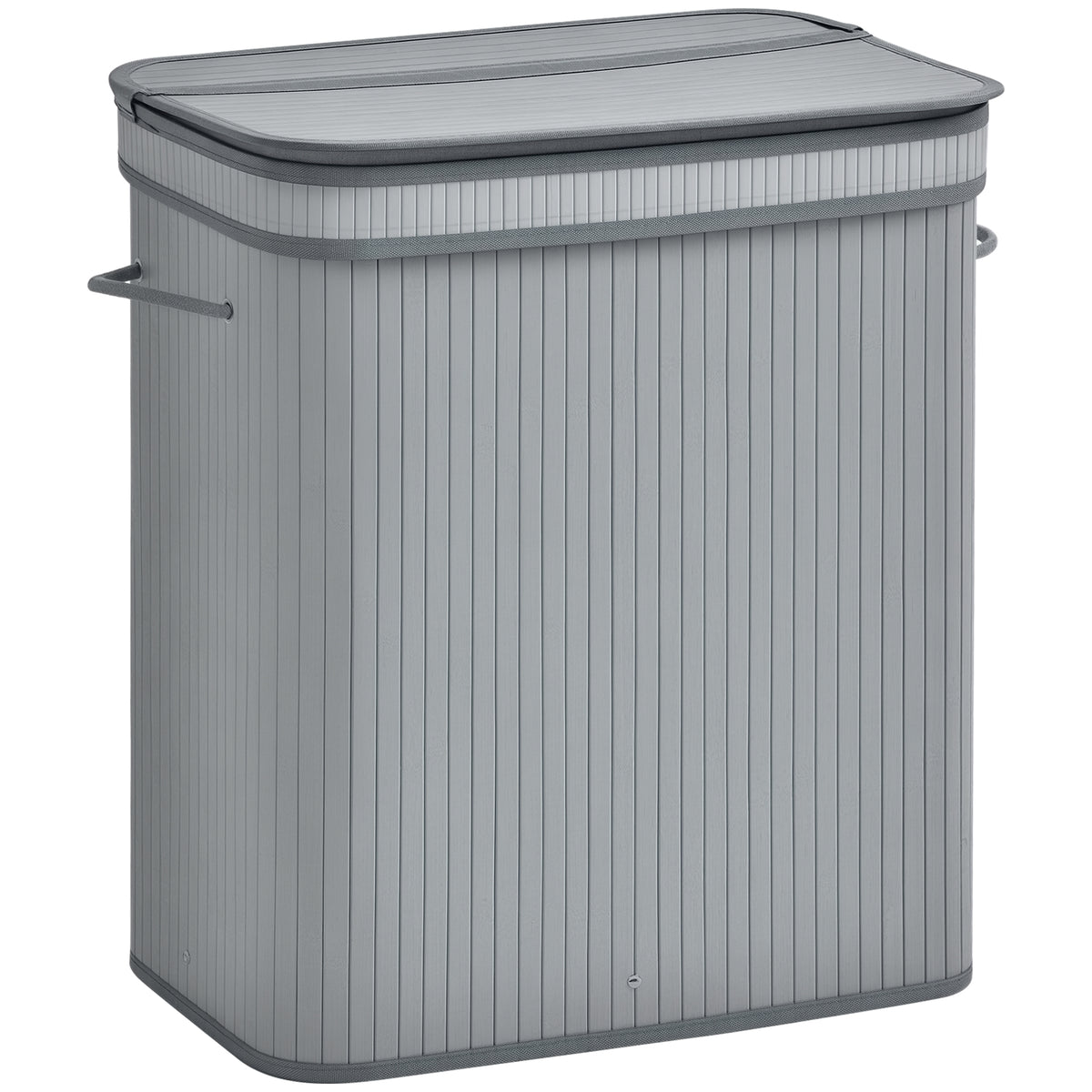 Grey bamboo laundry hamper with a fitted lid and side handles