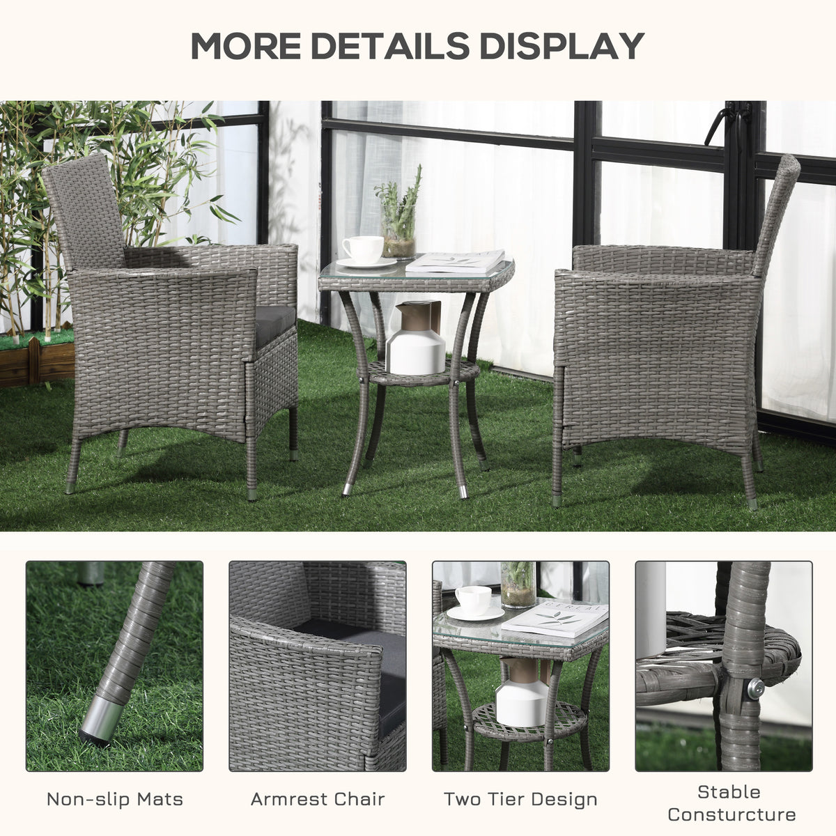 Grey rattan bistro set with two armchairs and a two-tier table; close-ups show construction details